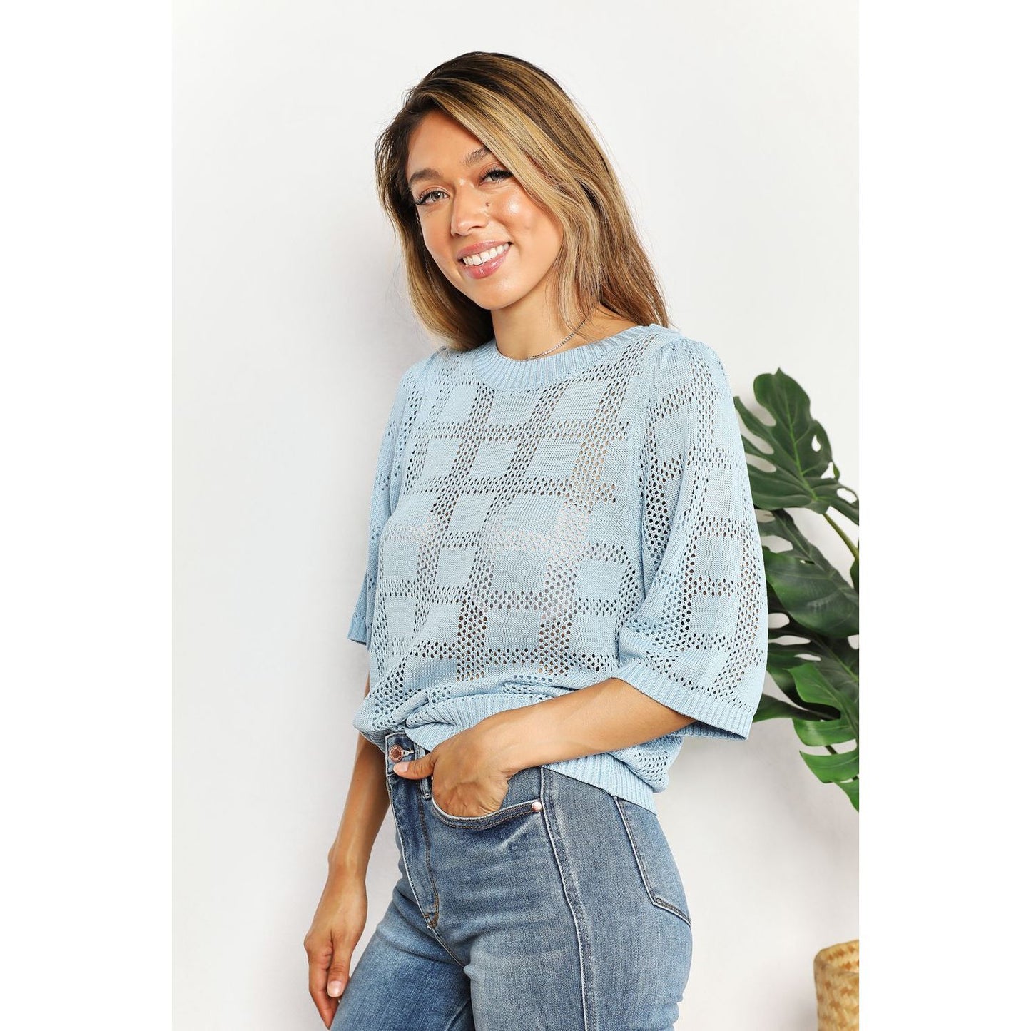 Ribbed Trim Round Neck Knit Top