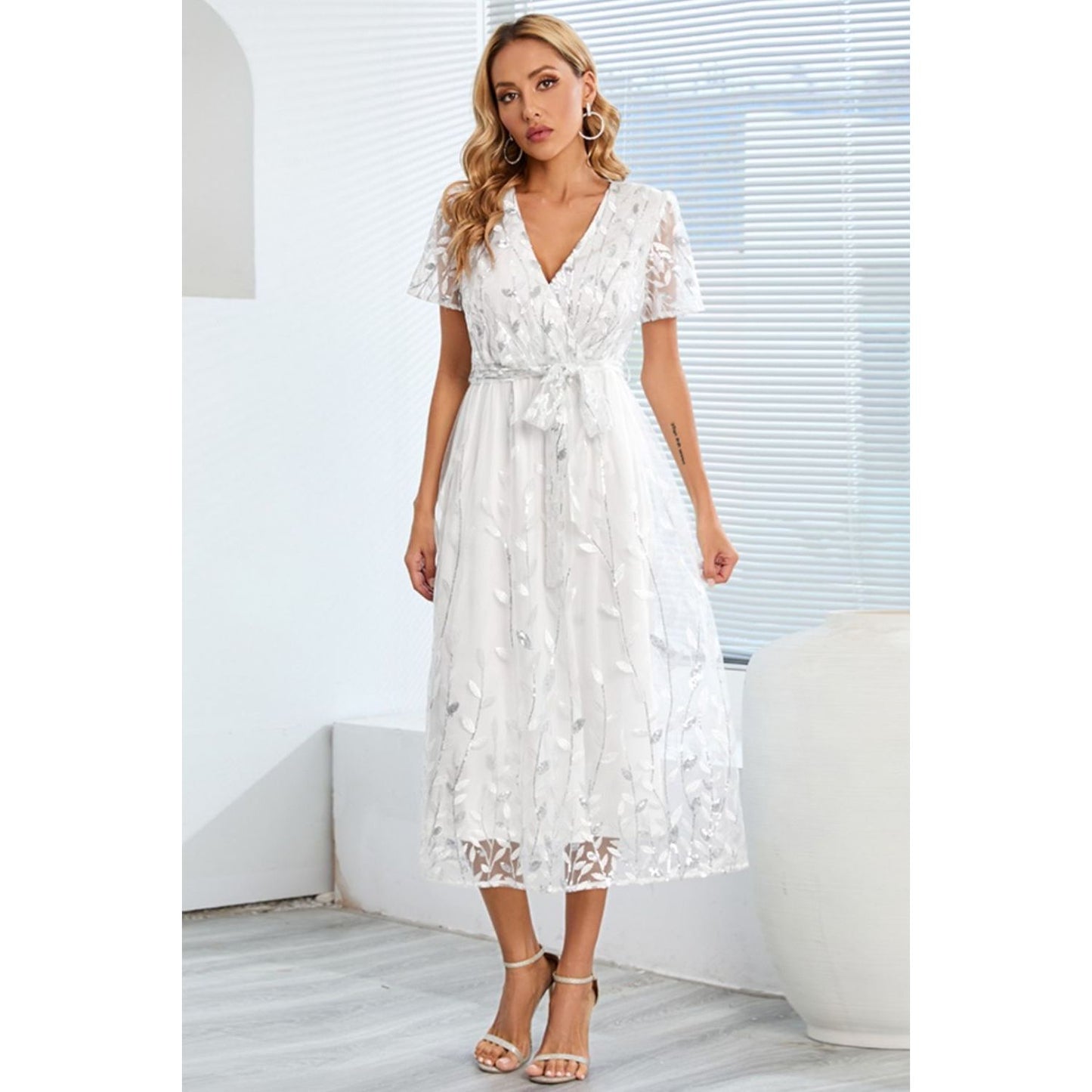 Sequin Leaf Embroidery Tie Front Short Sleeve Dress