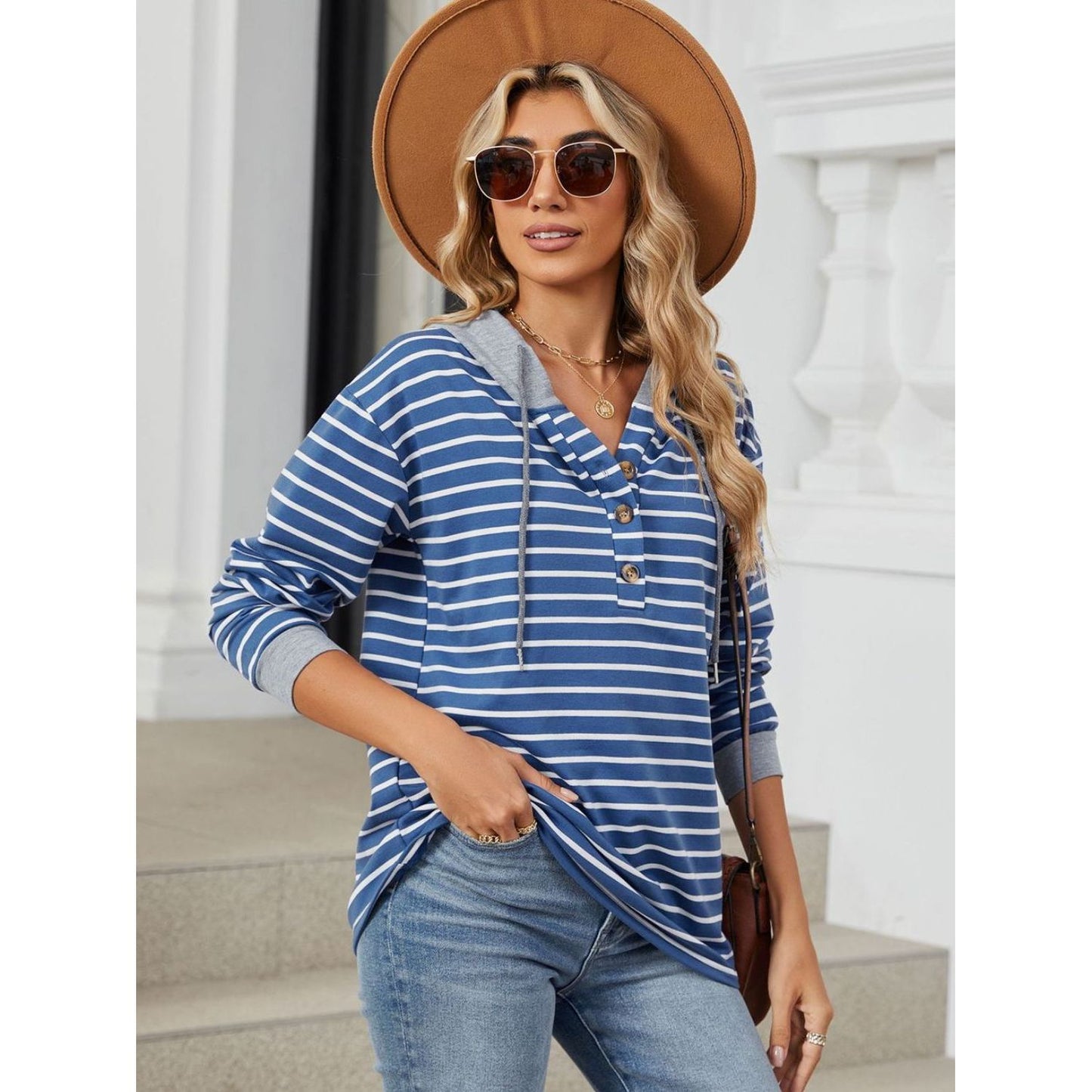 Drawstring Striped Long Sleeve Hoodie