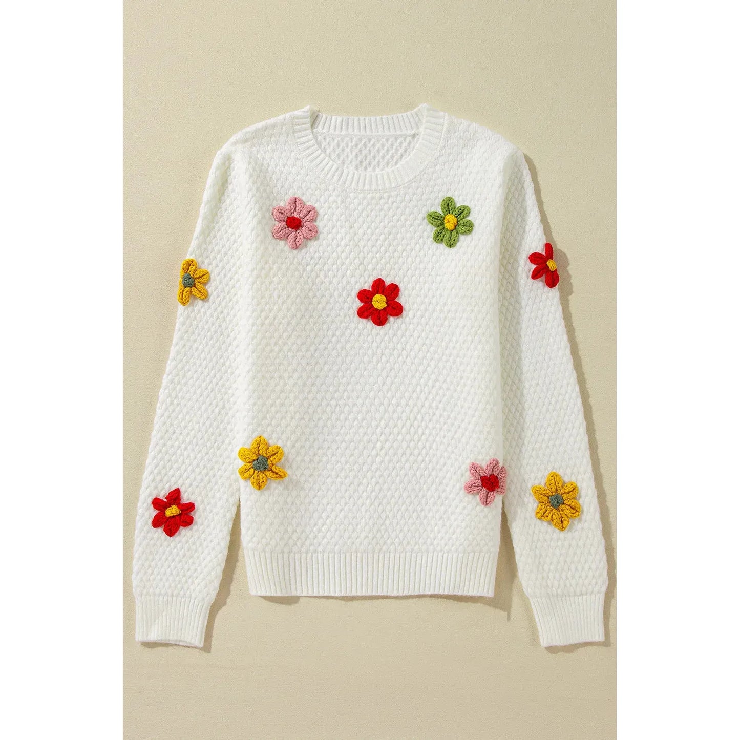 Crochet Flower Round Neck Sweater