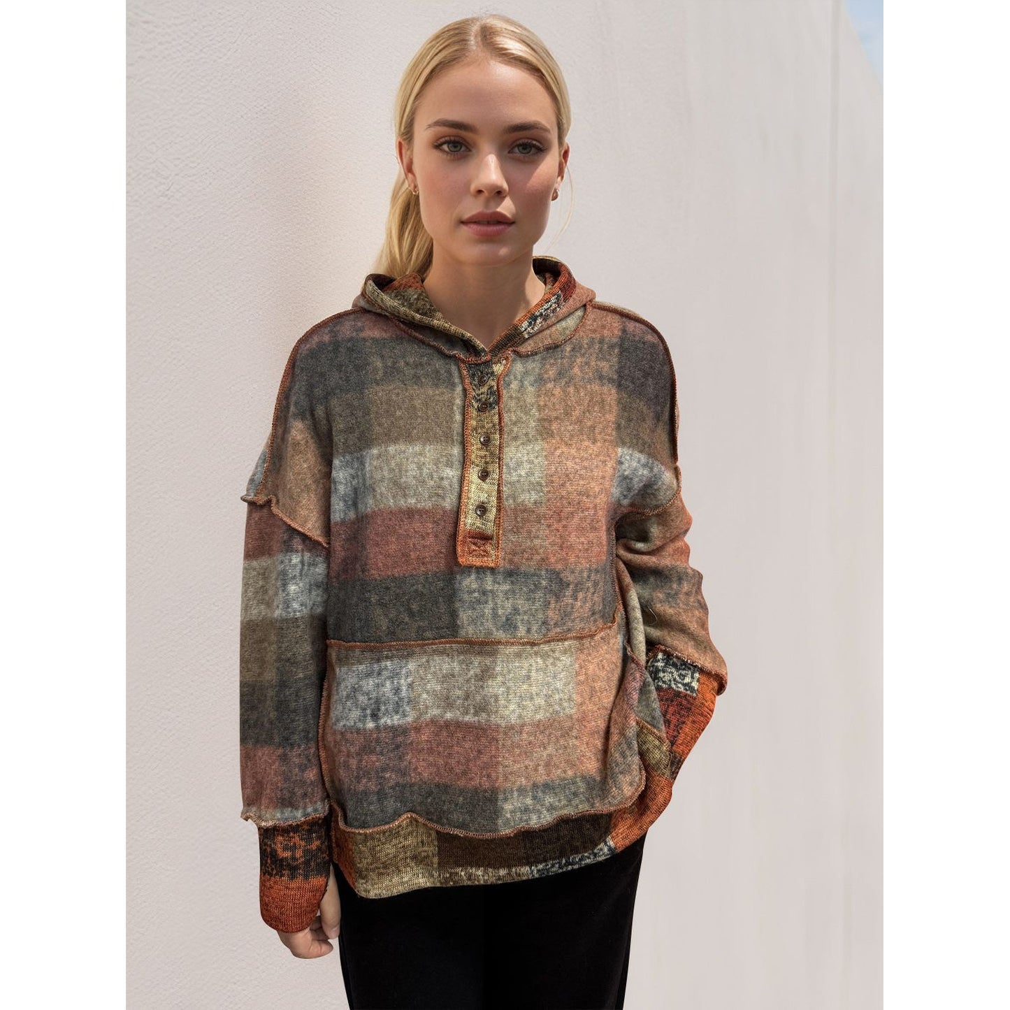 Double Take Full Size Plaid Dropped Shoulder Hoodie