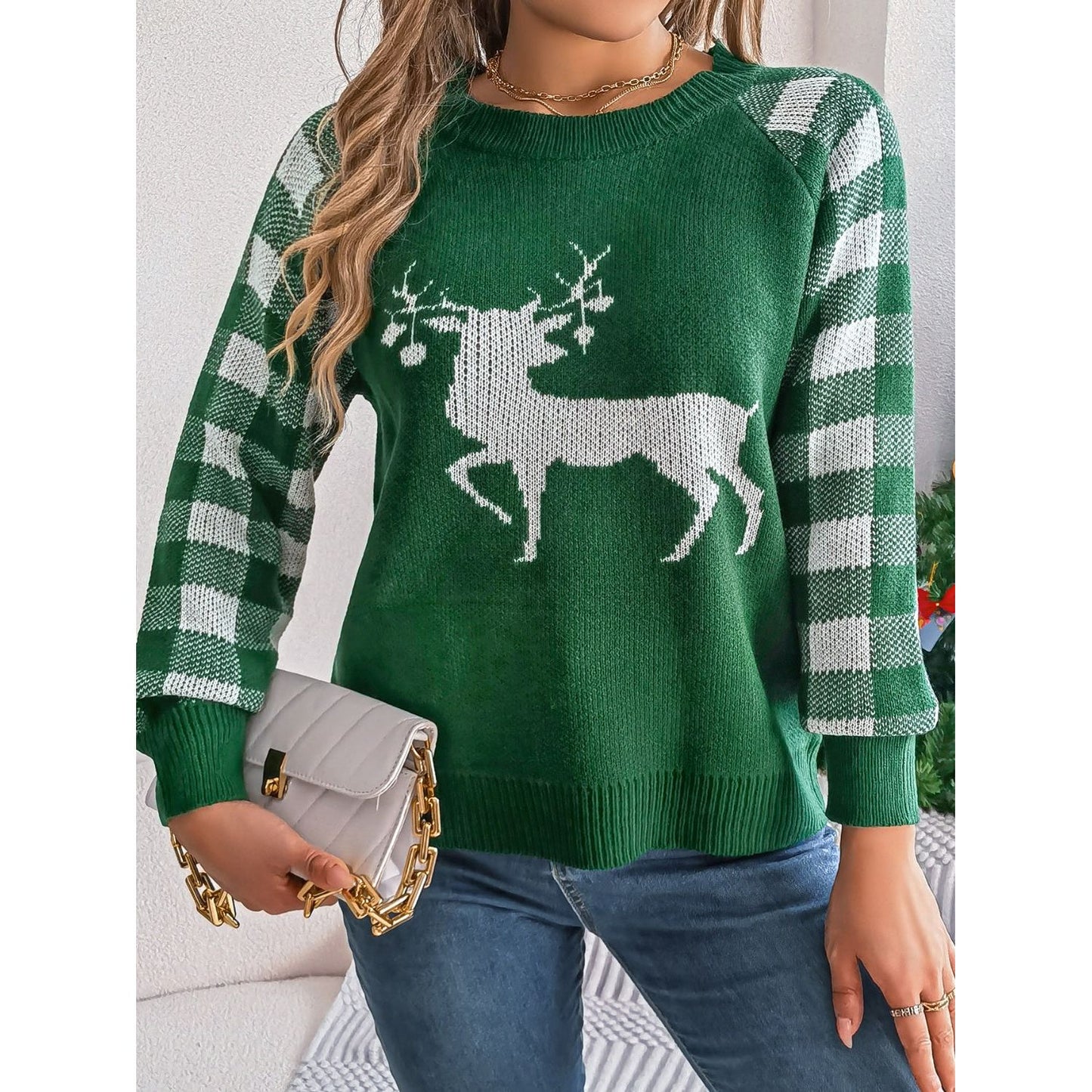 Reindeer Plaid Round Neck Long Sleeve Sweater