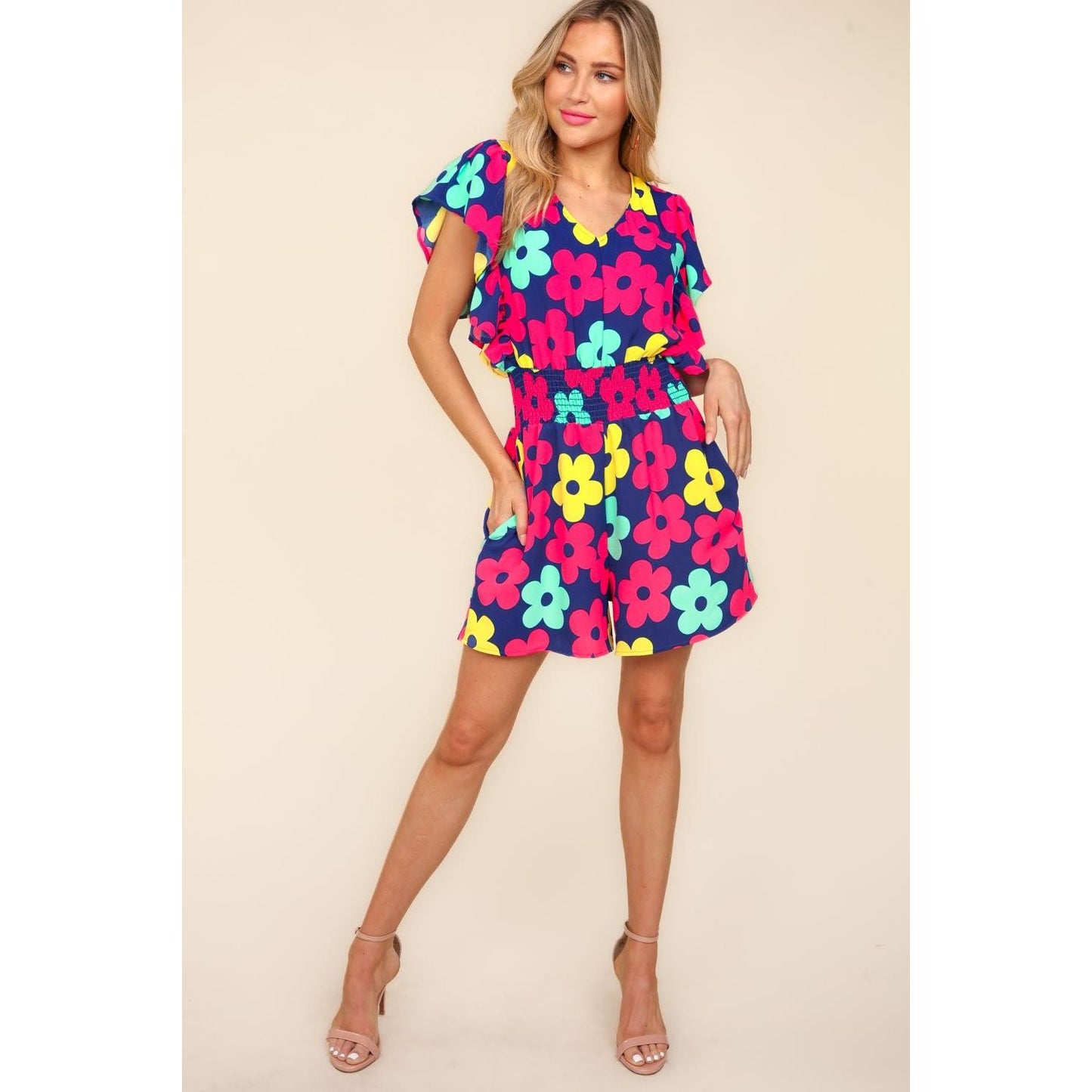 Haptics Floral Smocked Waist Romper with Side Pockets