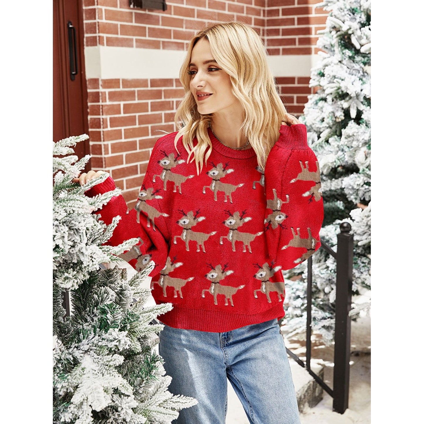 Reindeer Round Neck Long Sleeve Sweater