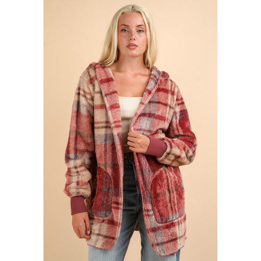 VERY J Fuzzy Plaid Long Sleeve Hooded Jacket