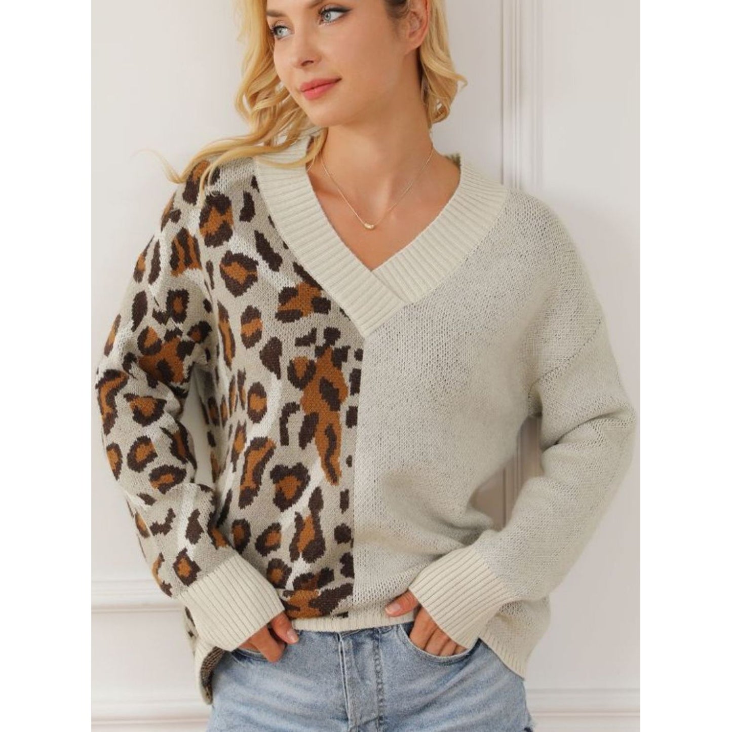 Leopard V Neck Drop Shoulder Sweater