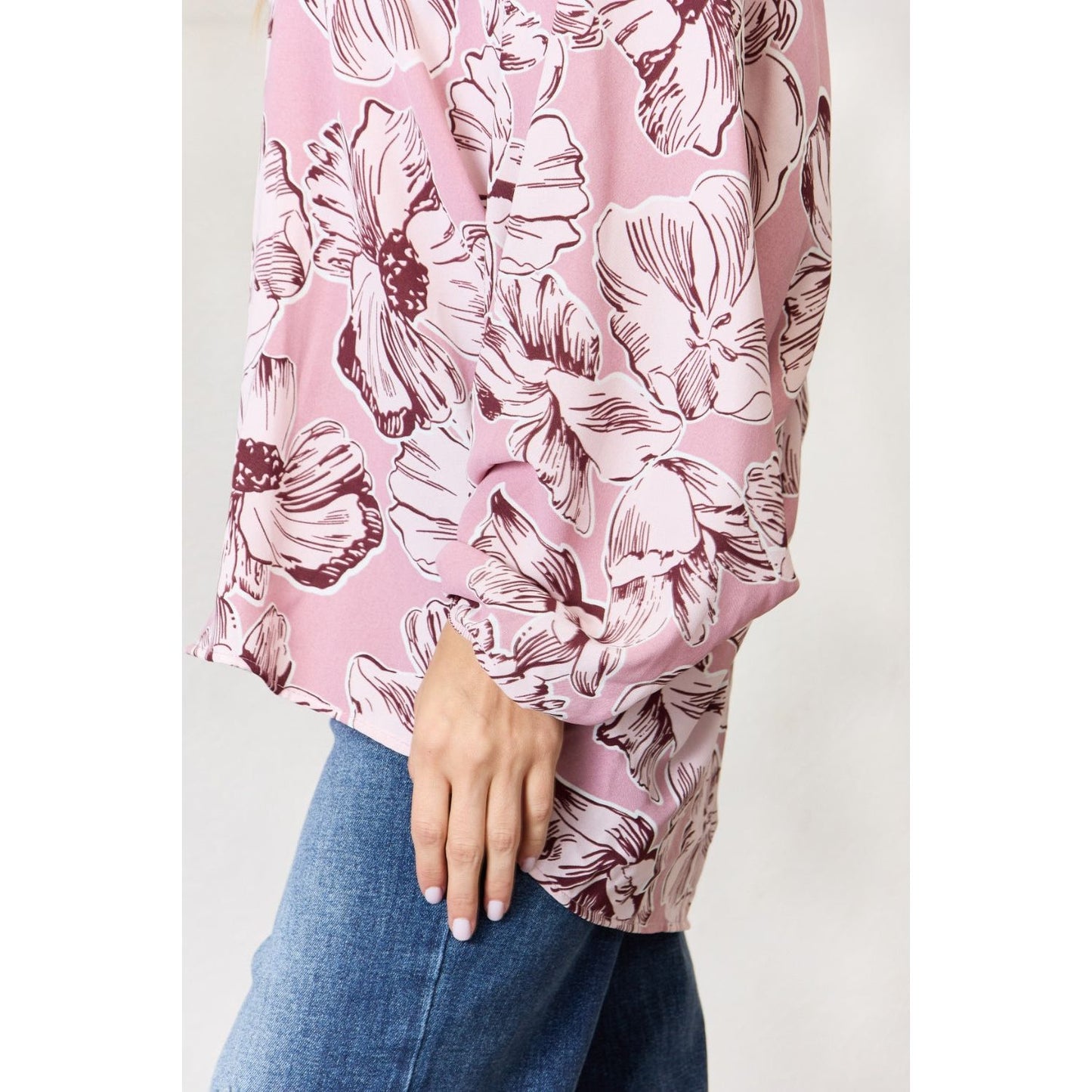 Heimish Full Size Floral V-Neck Balloon Sleeve Blouse