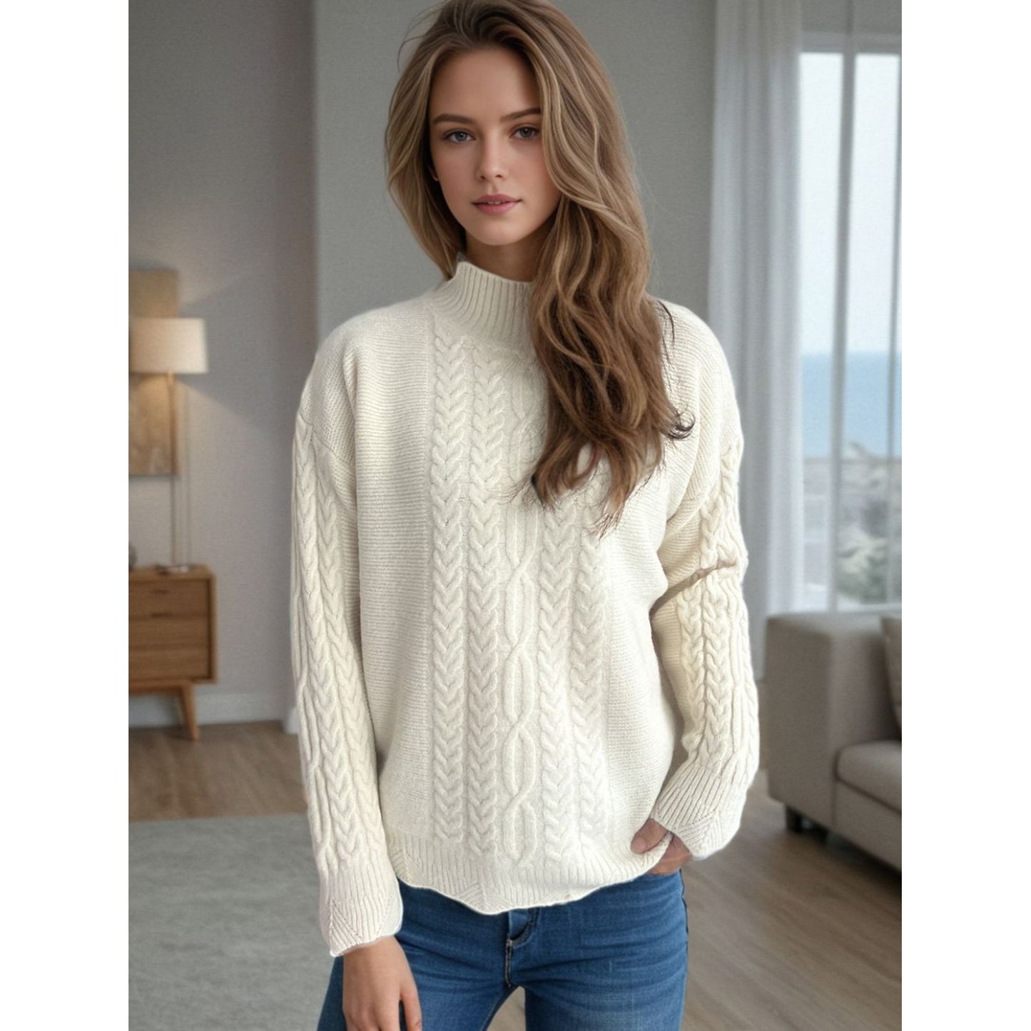 Cable-Knit Mock Neck Dropped Shoulder Sweater