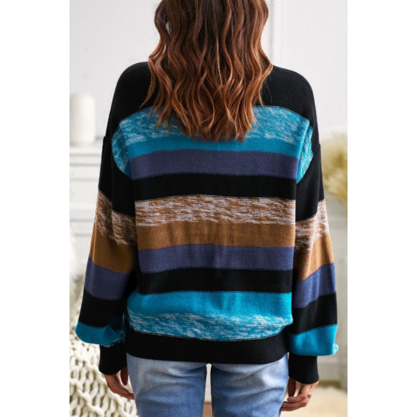 Contrast Striped Round Neck Drop Shoulder Sweater