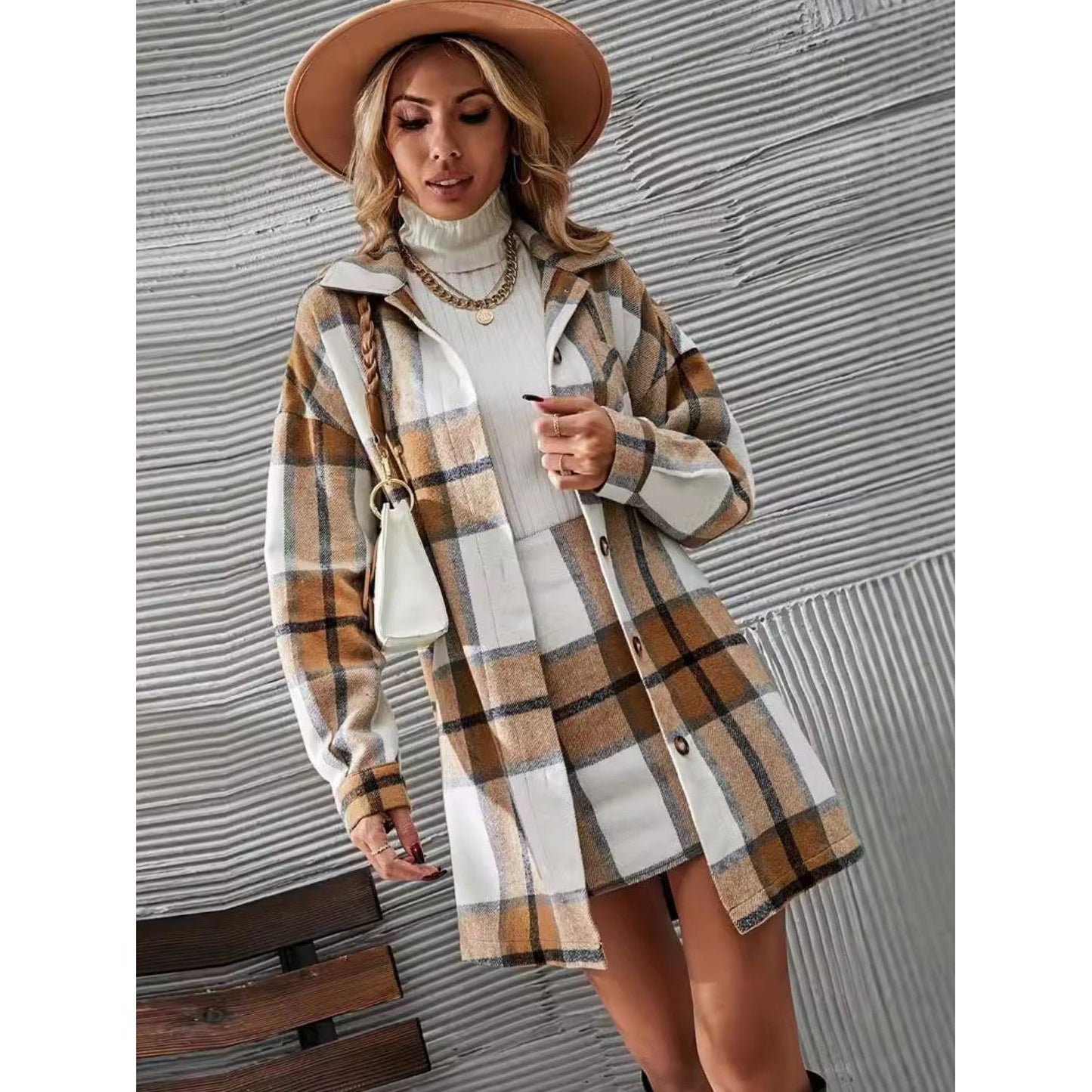 Plaid Button Up Long Sleeve Coat and Skirt Set