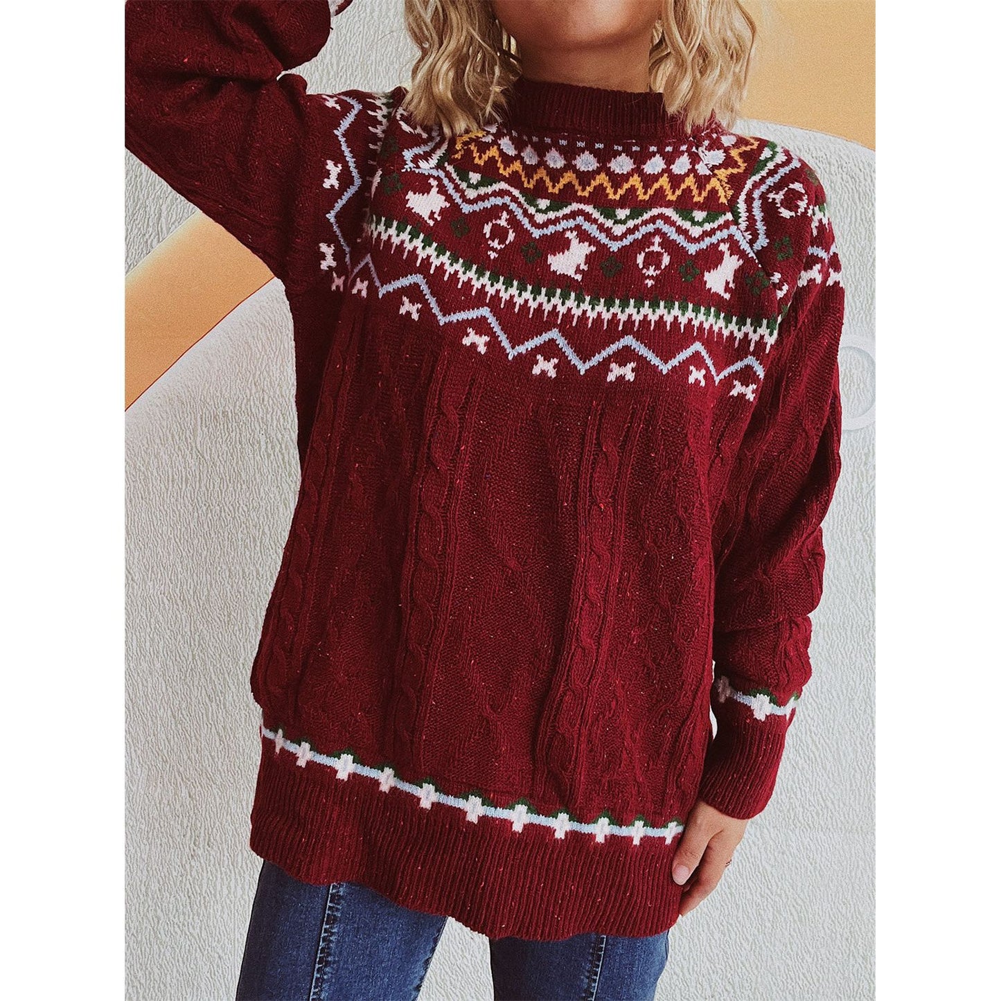 Cable-Knit Mock Neck Long Sleeve Sweater