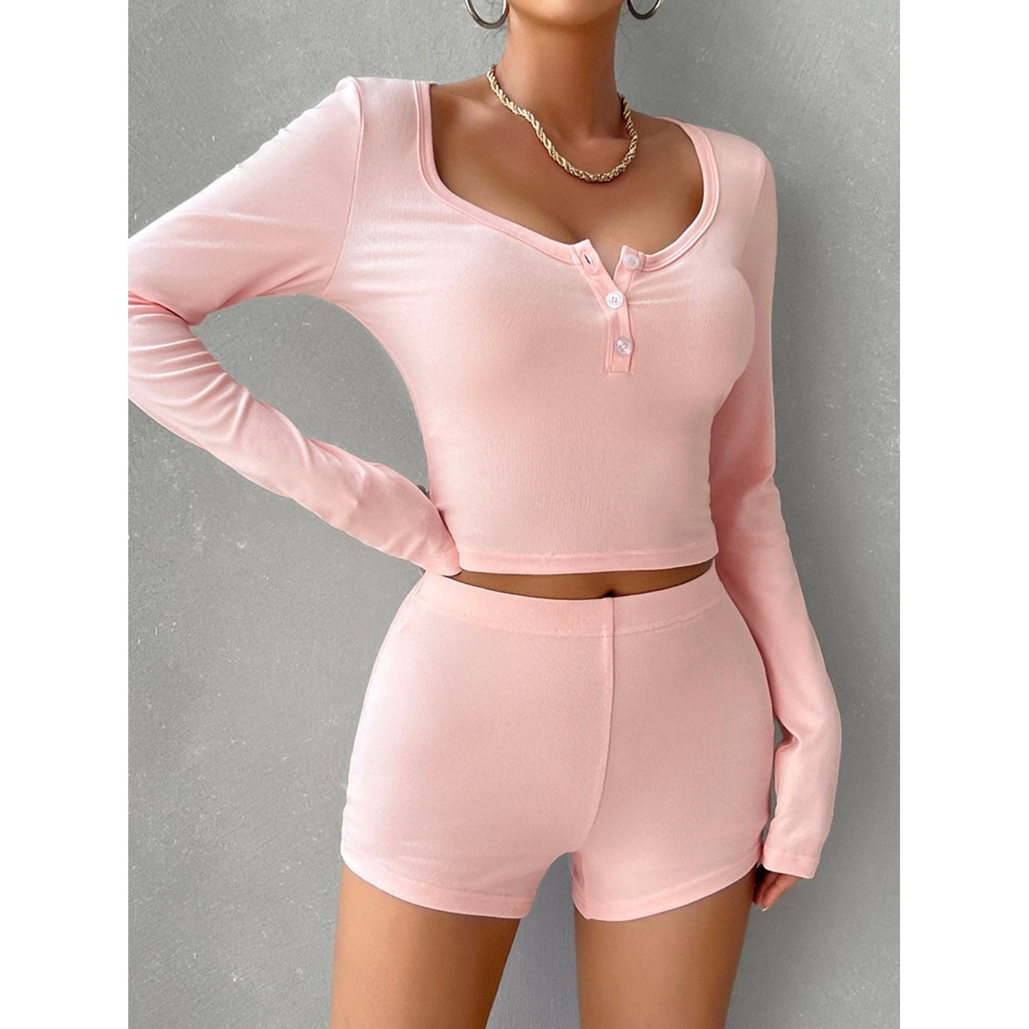 Devine Scoop Neck Long Sleeve Top and Shorts Set