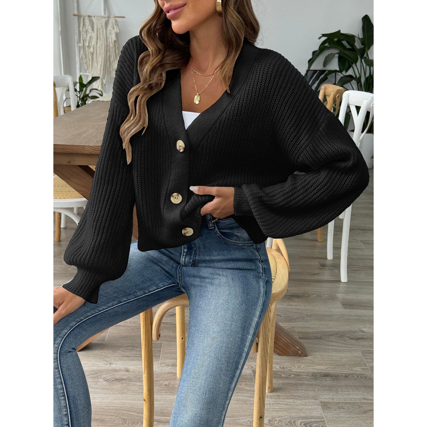 V-Neck Button Up Long Sleeve Cardigan