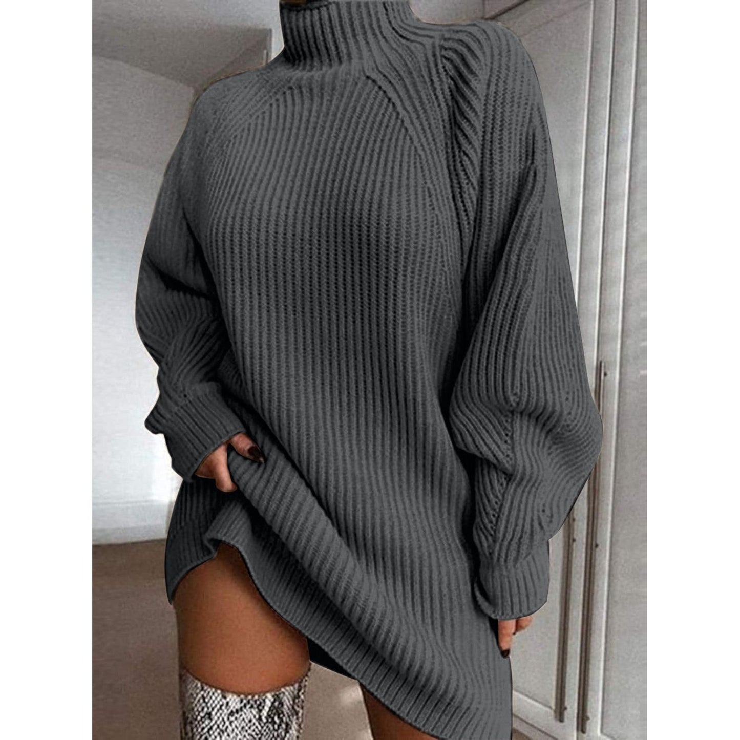 Mock Neck Dropped Shoulder Sweater Dress