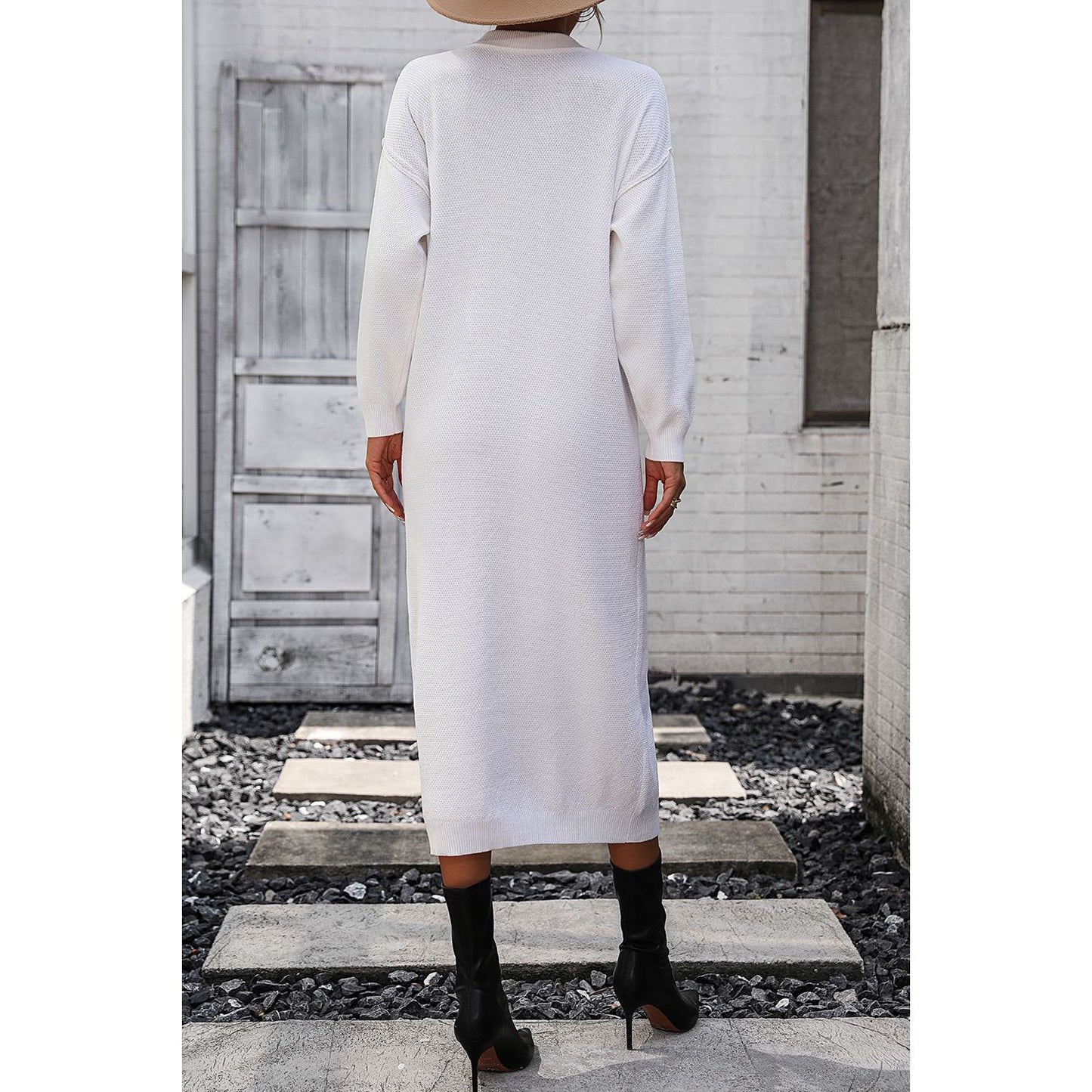 Decorative Button Notched Dropped Shoulder Sweater Dress