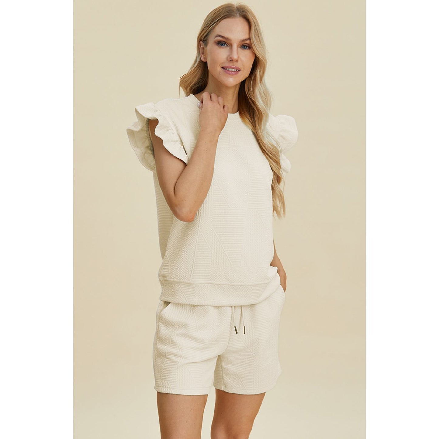 Double Take Full Size Texture Round Neck Ruffle Sleeve Top and Shorts Set