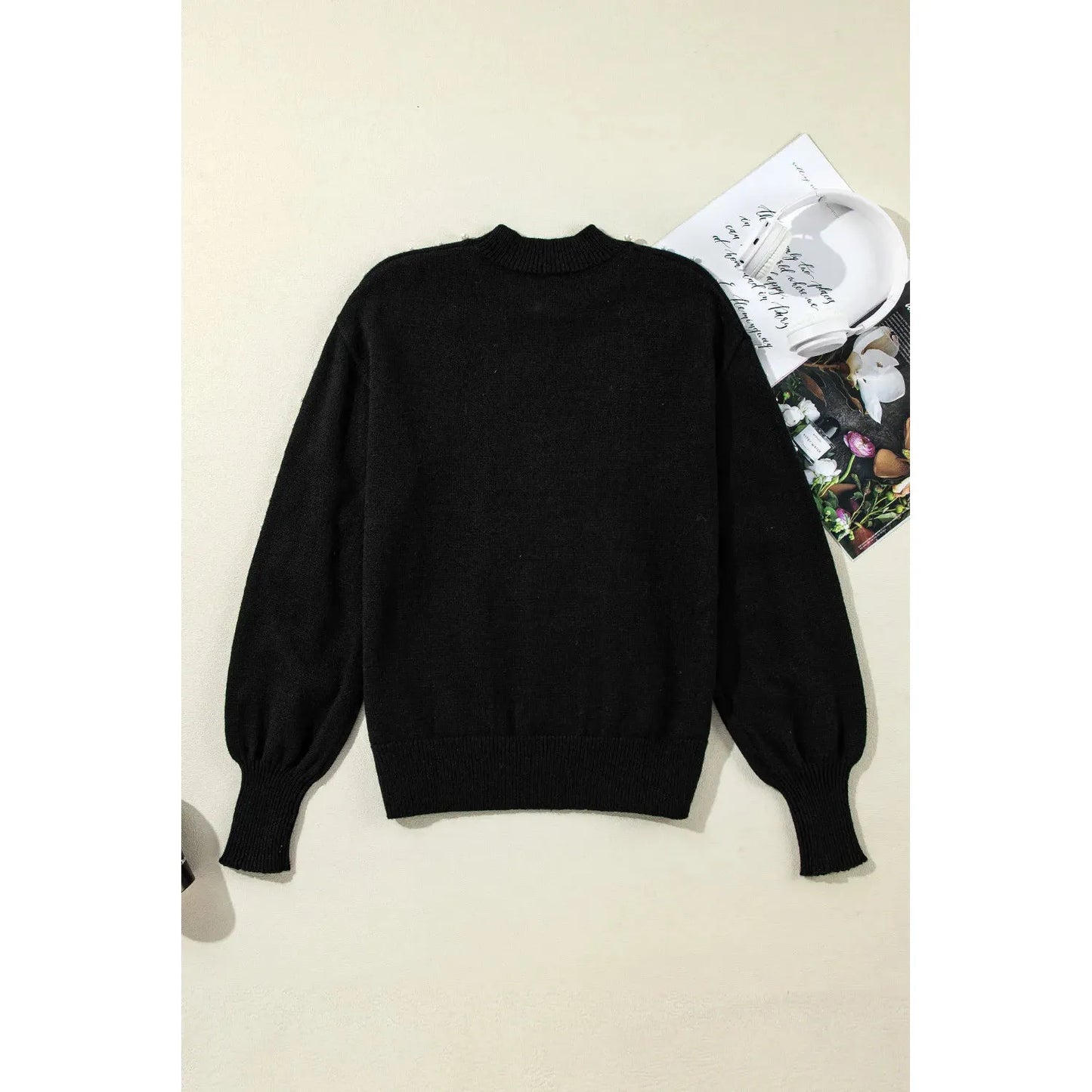 Pearl Detail Mock Neck Long Sleeve Sweater