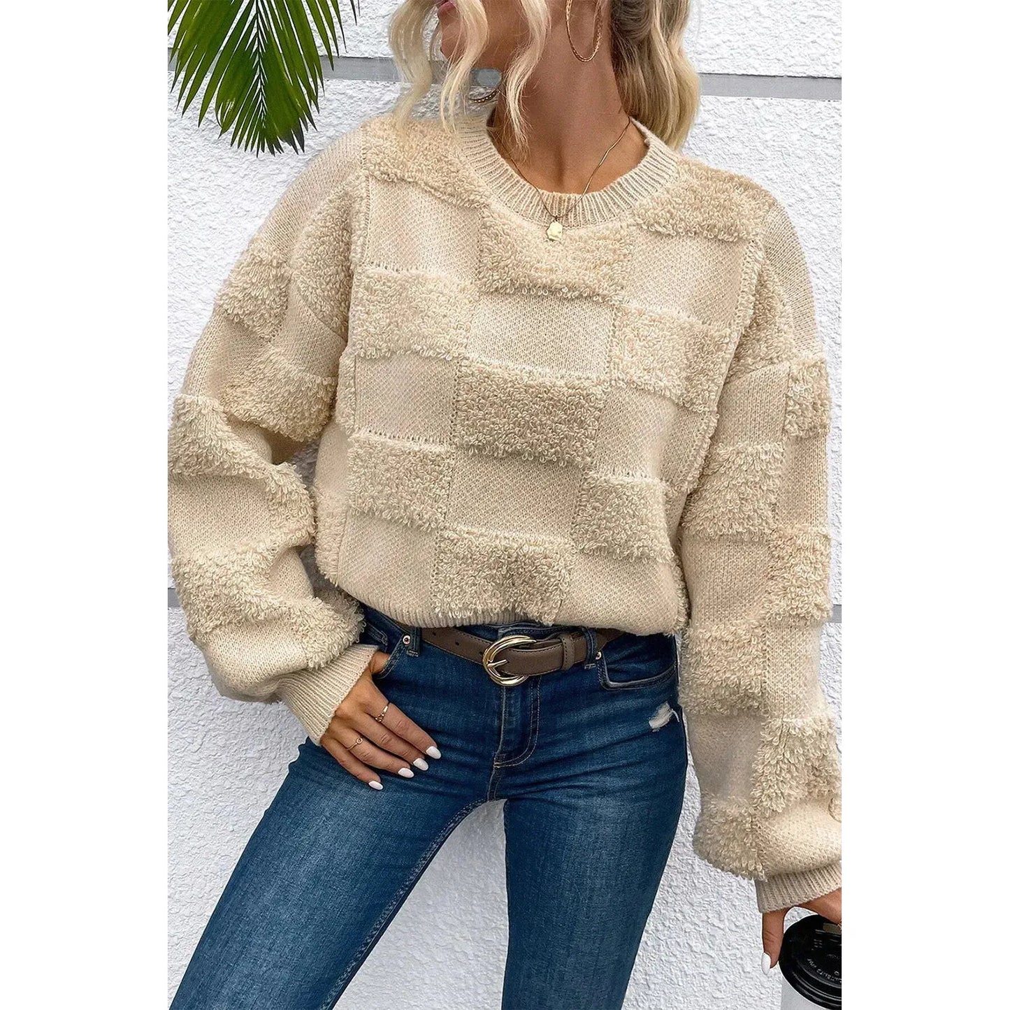 Checkered Round Neck Dropped Shoulder Sweater