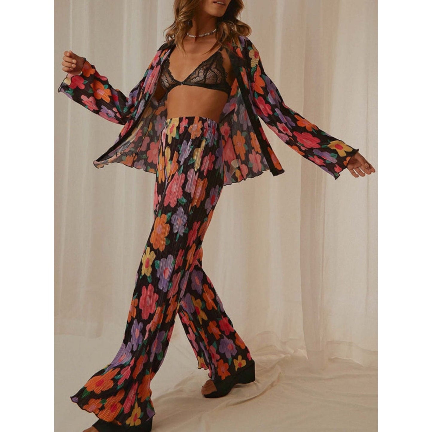 Printed Collared Neck Long Sleeve Top and Pants Lounge Set