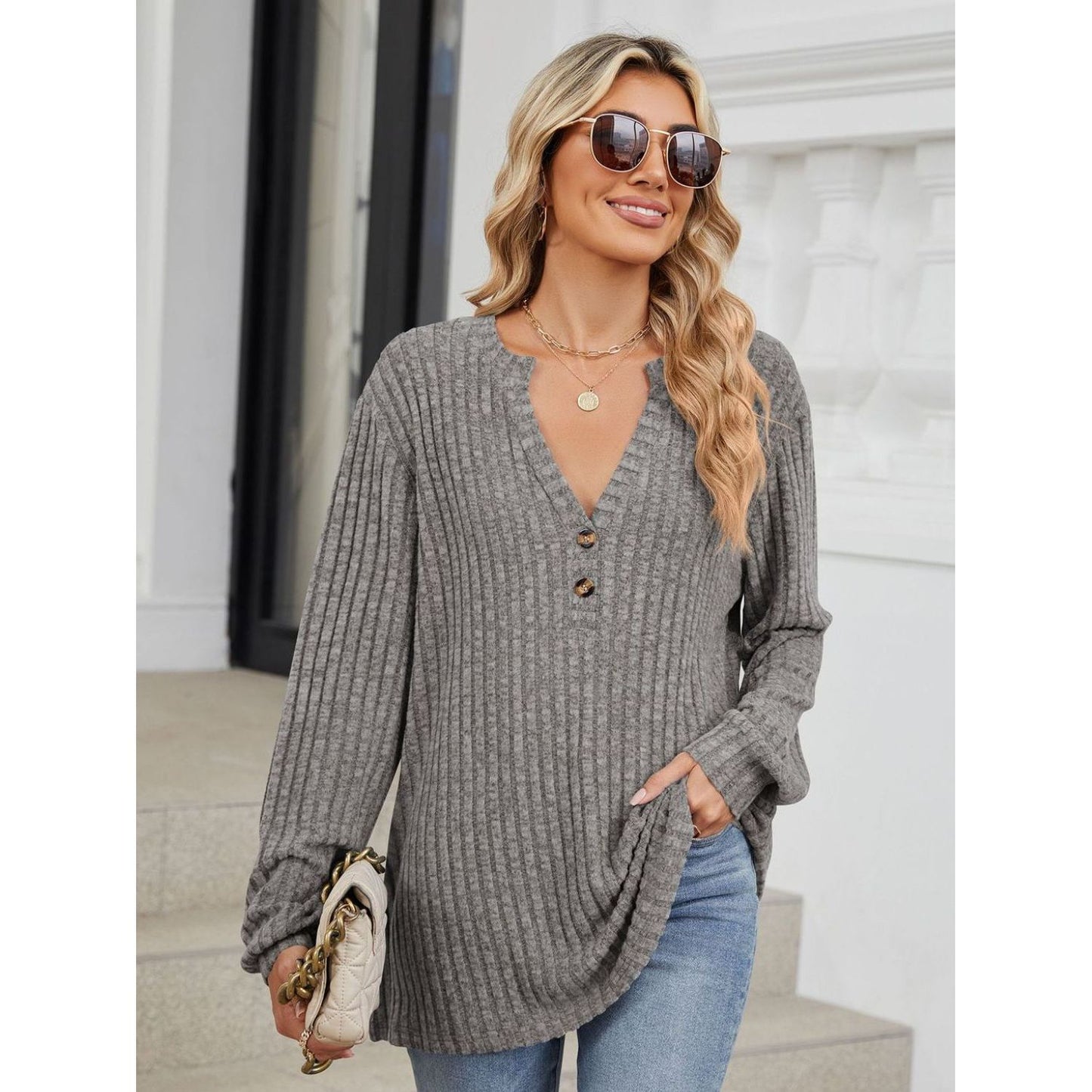 Ribbed Notched Long Sleeve T-Shirt