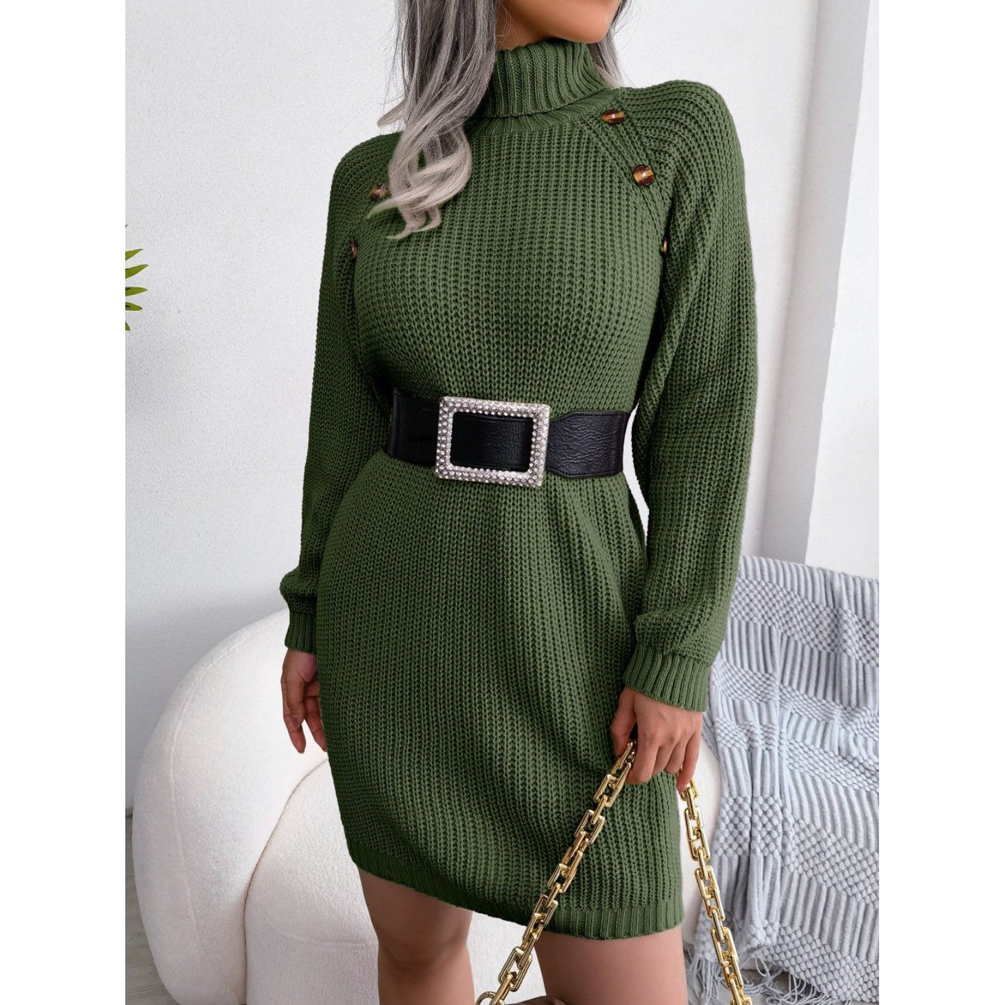 Decorative Button Turtleneck Sweater Dress