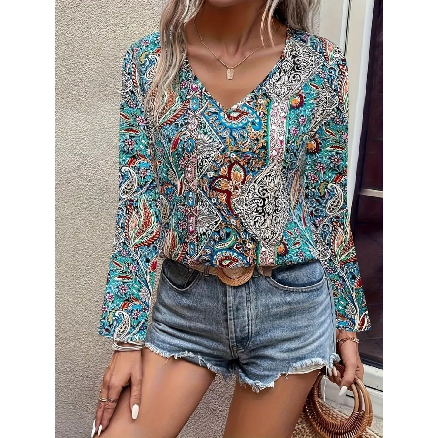 Printed V-Neck Long Sleeve Blouse