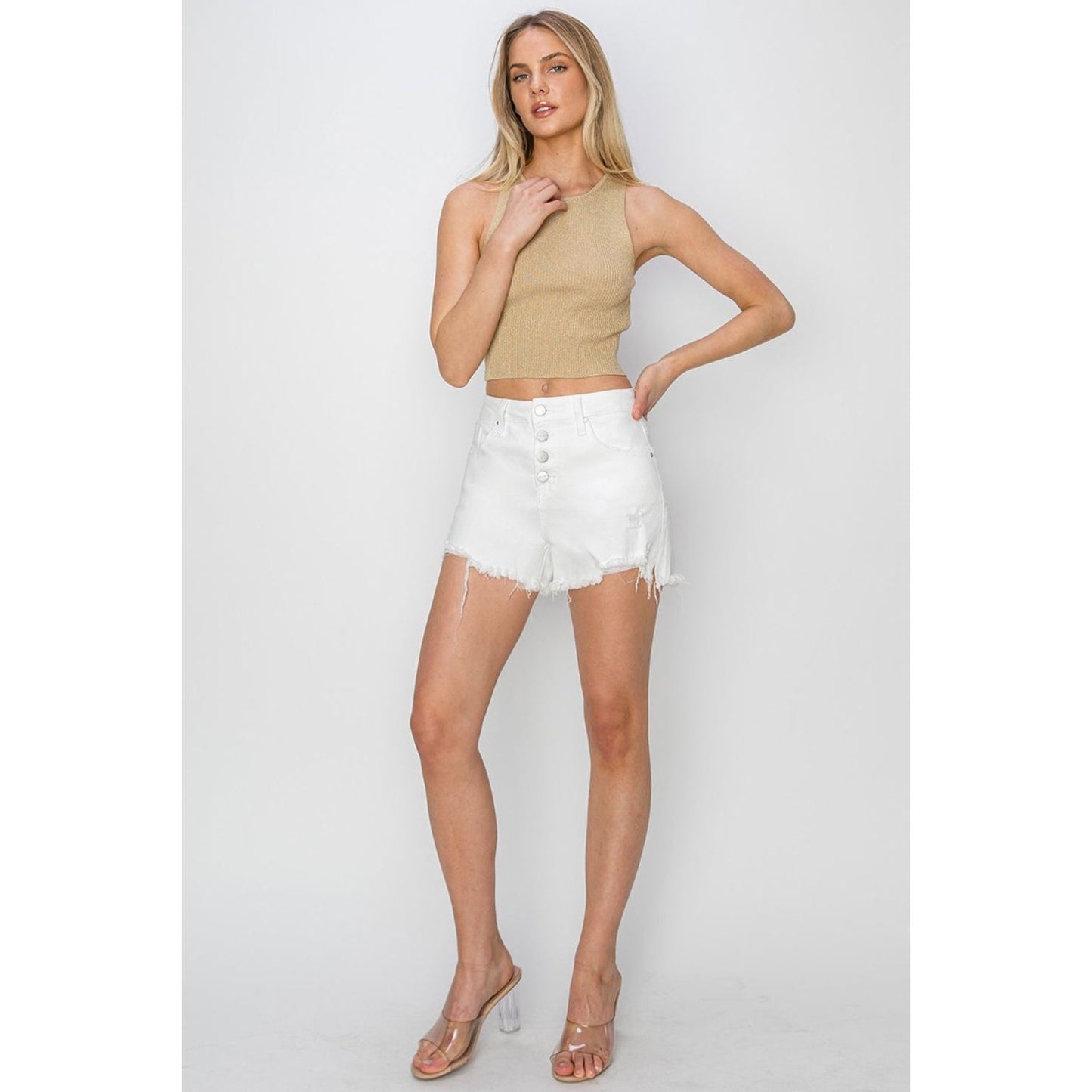 RISEN Button Fly Frayed Hem Denim Shorts