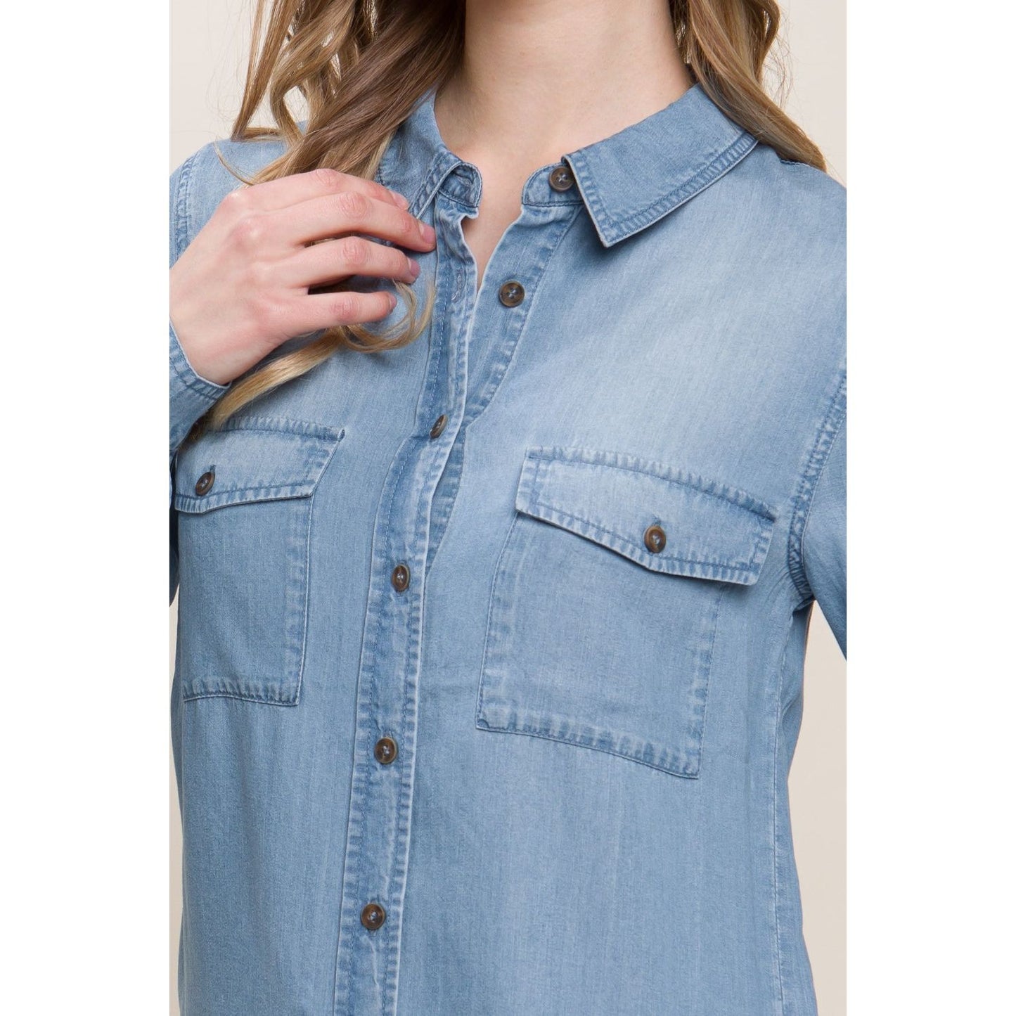 Love Tree Scooped Hem Button Up Denim Shirt