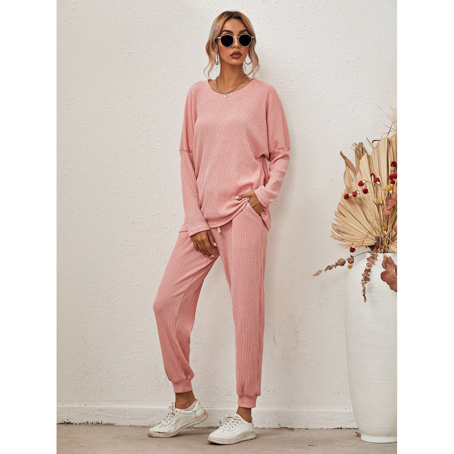 Round Neck Dropped Shoulder Top and Joggers Lounge Set