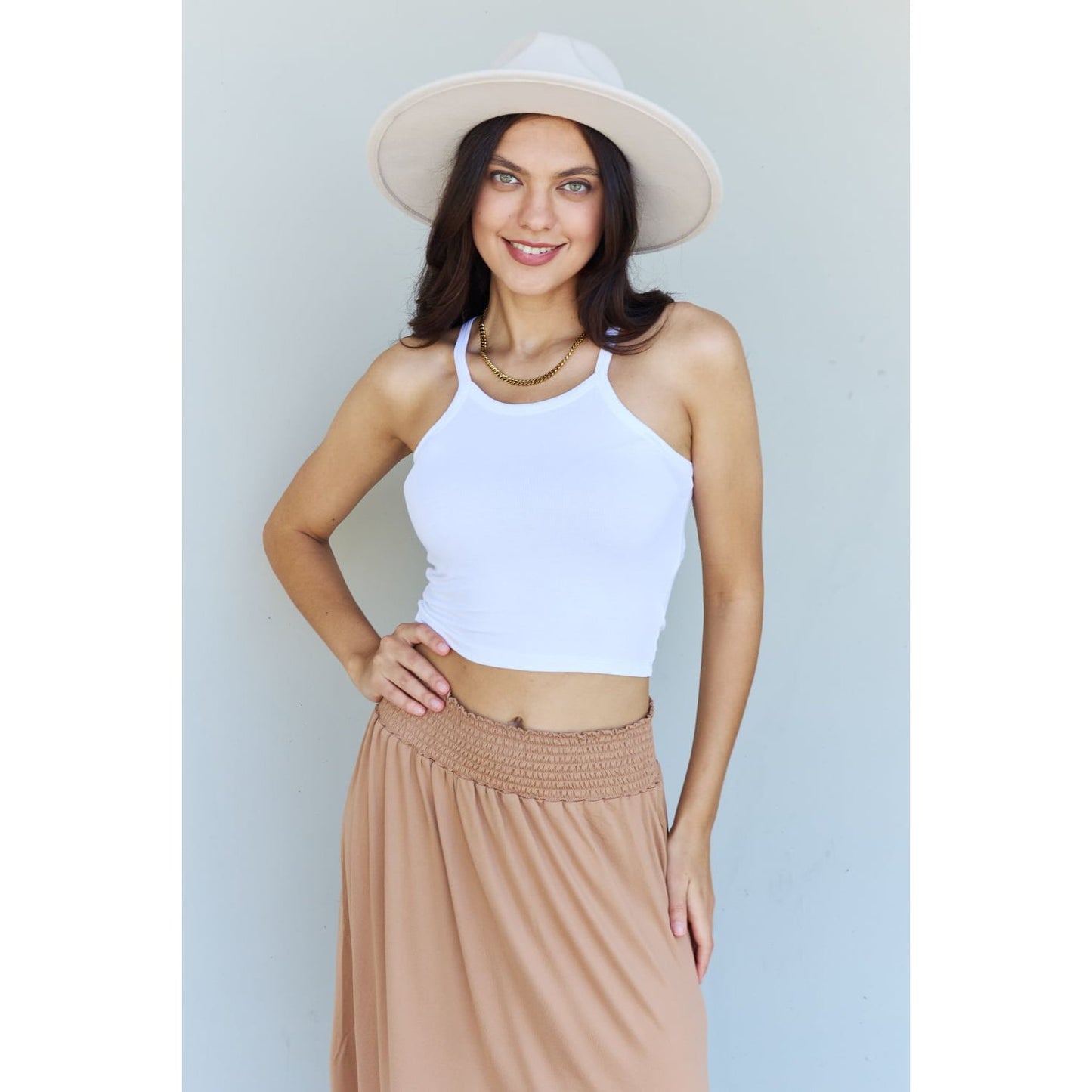 Doublju Comfort Princess Full Size High Waist Scoop Hem Maxi Skirt in Tan