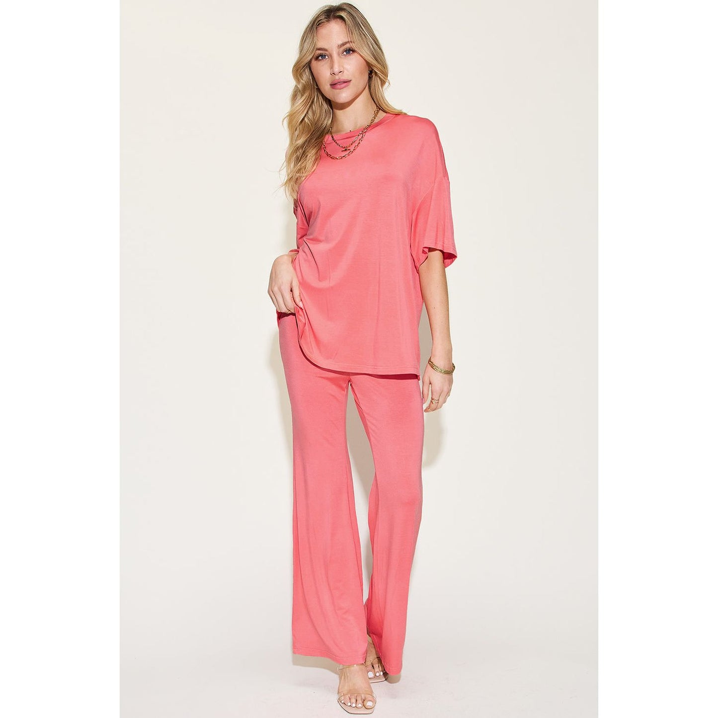 Basic Bae Full Size Bamboo Drop Shoulder T-Shirt and Flare Pants Set