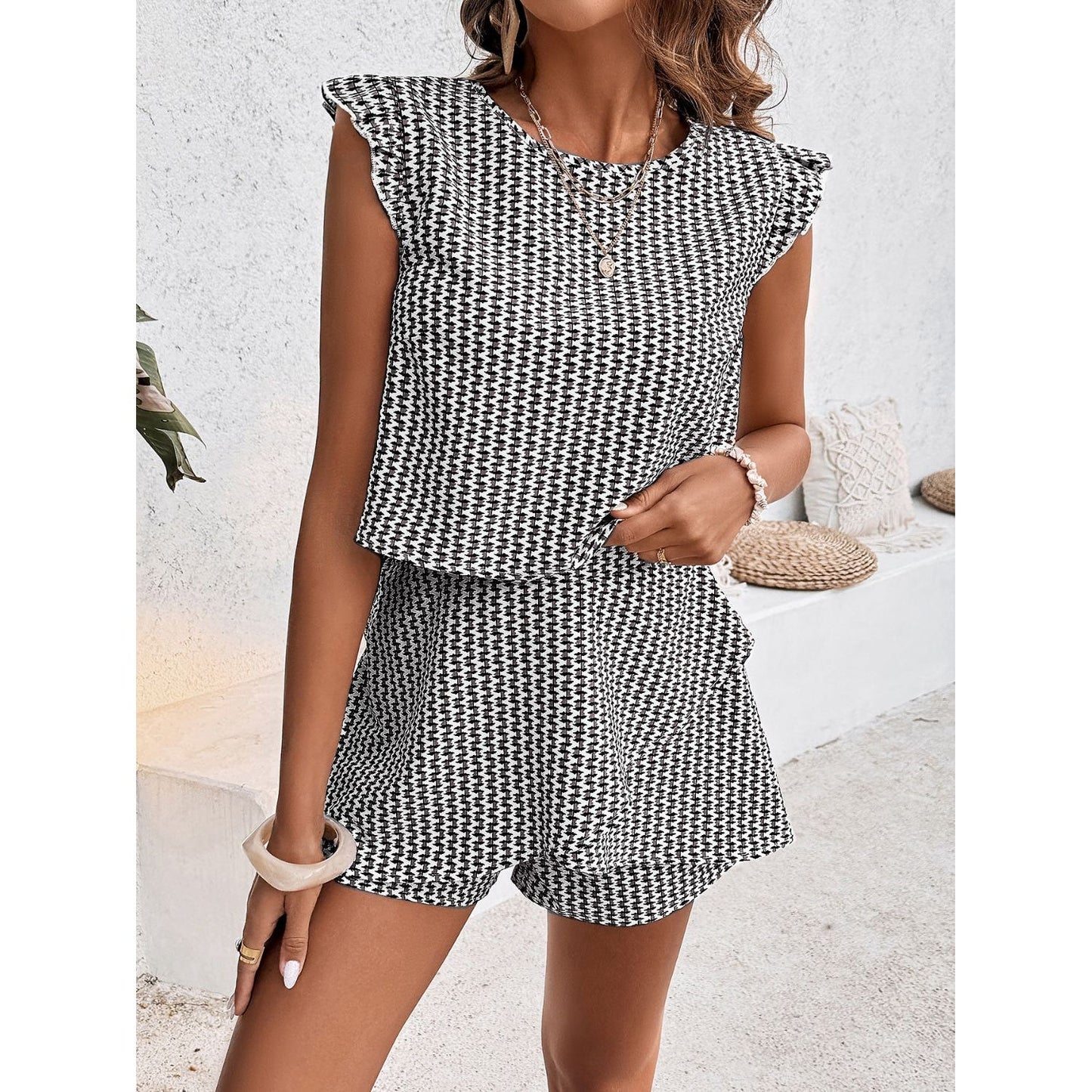 Printed Round Neck Top and Layered Shorts Set