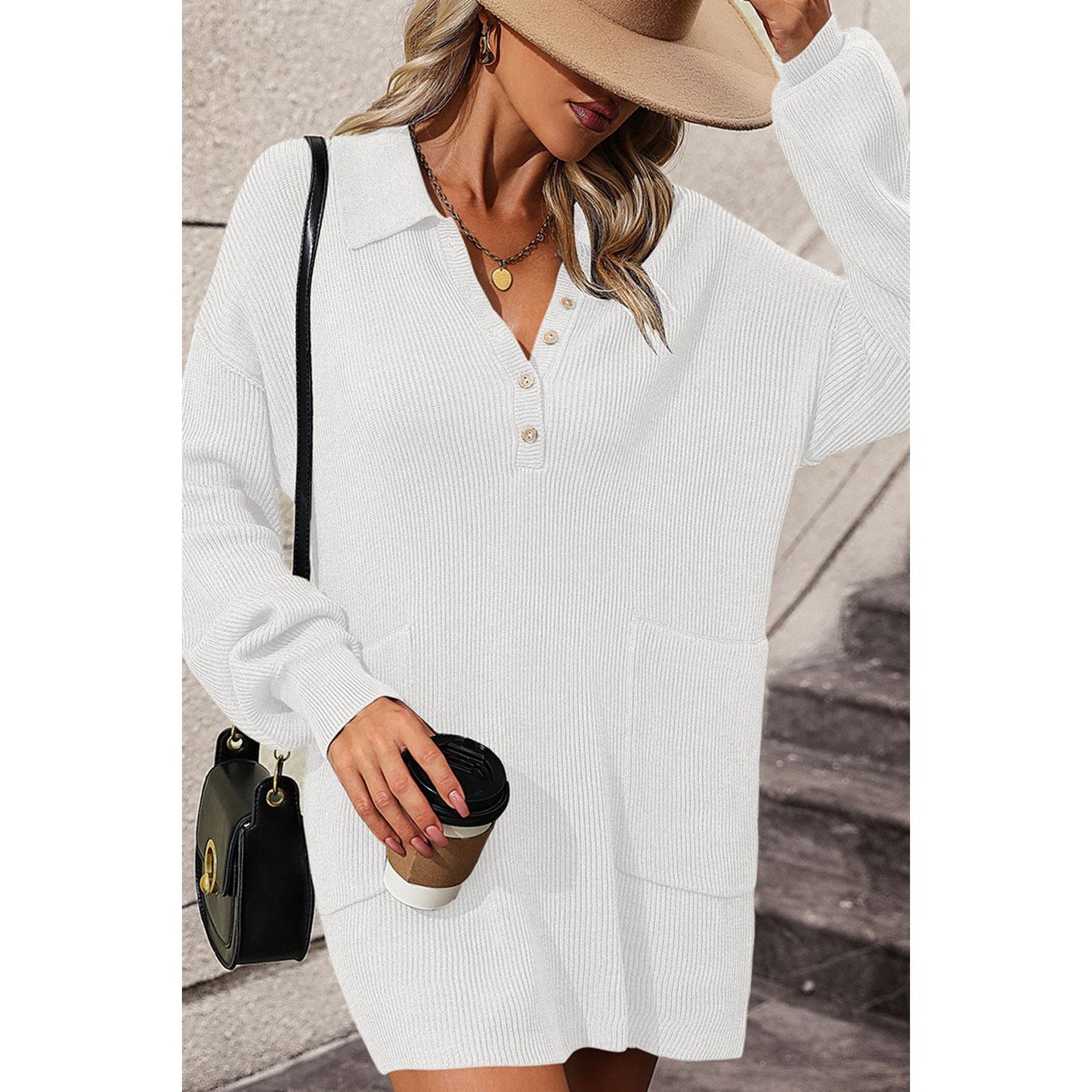 Collared Neck Long Sleeve Sweater Dress with Pockets