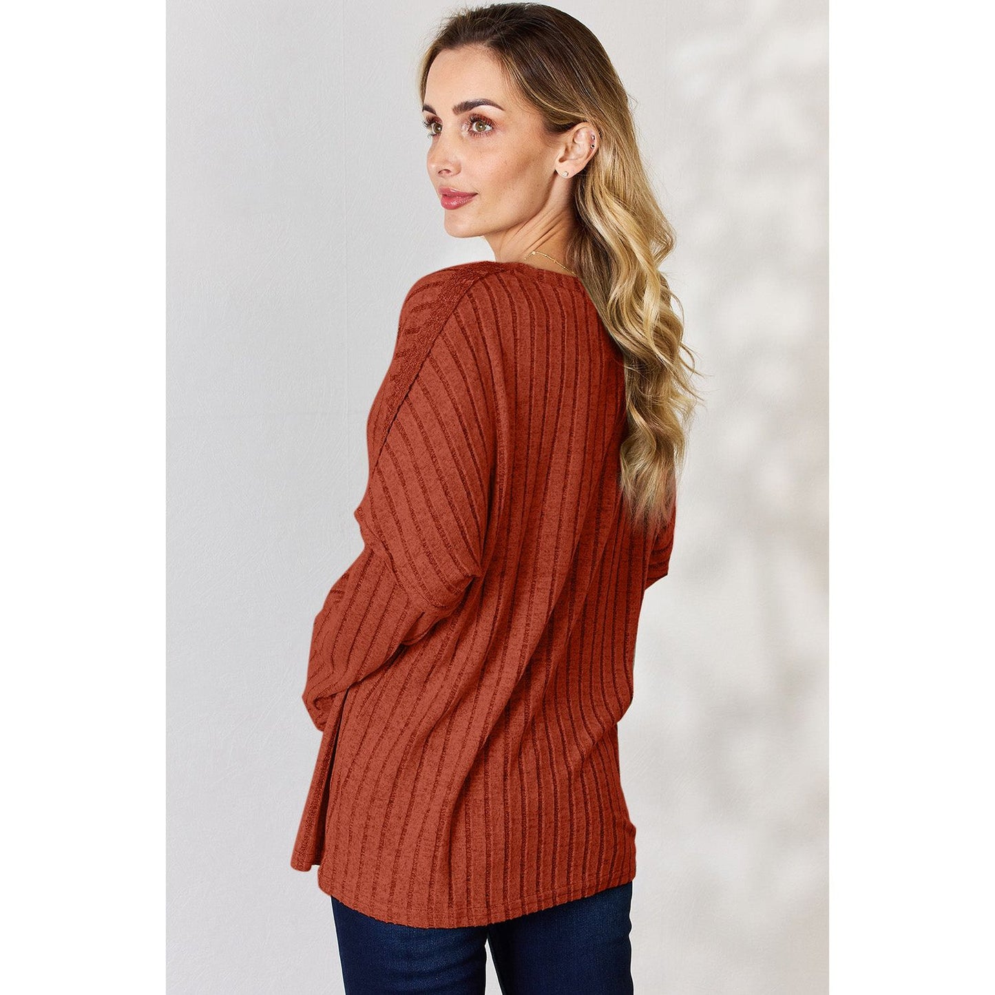 Basic Bae Full Size Ribbed Half Button Long Sleeve T-Shirt