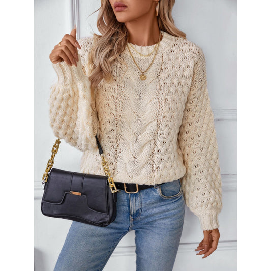 Cable-Knit Round Neck Long Sleeve Sweater