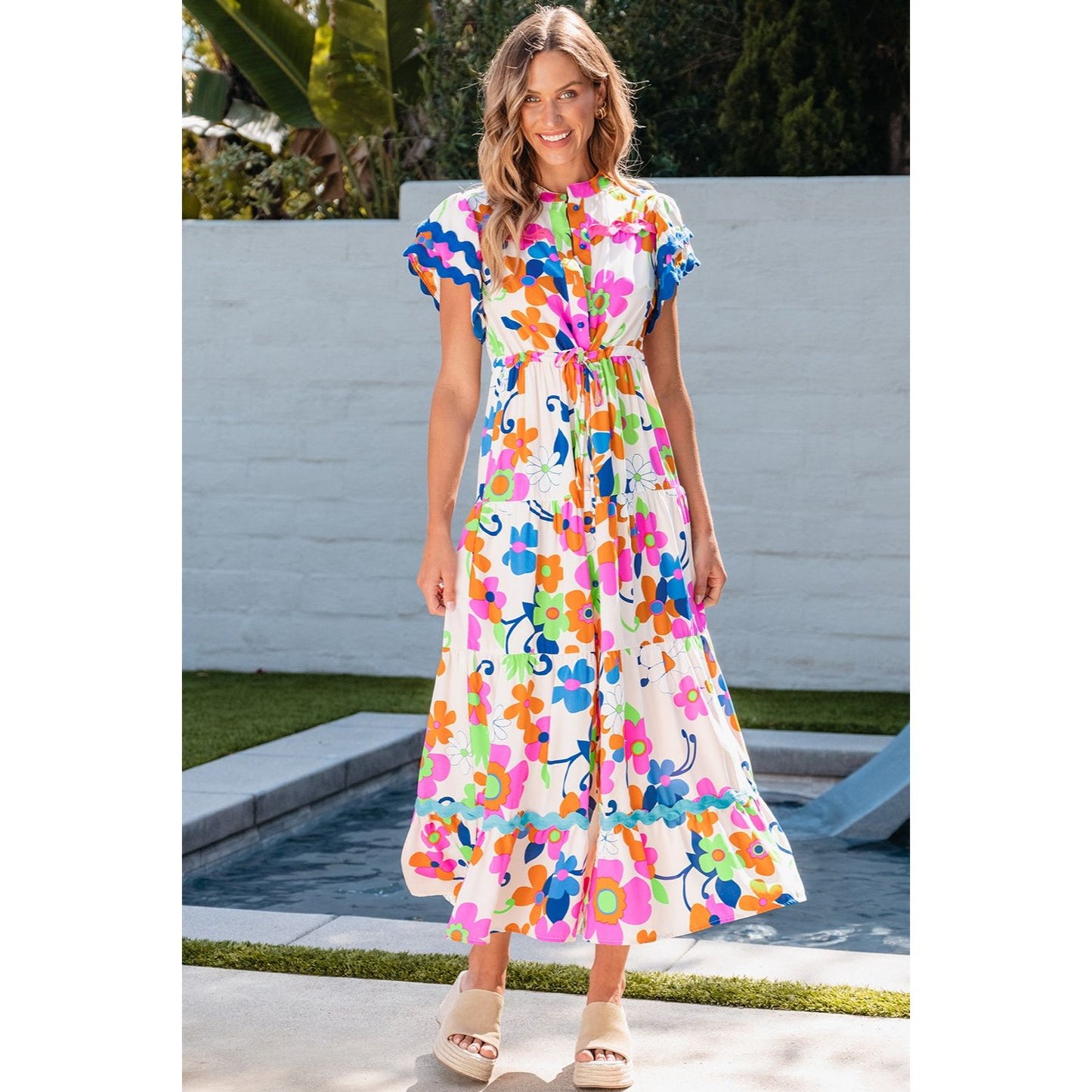 Tiered Printed Round Neck Cap Sleeve Dress