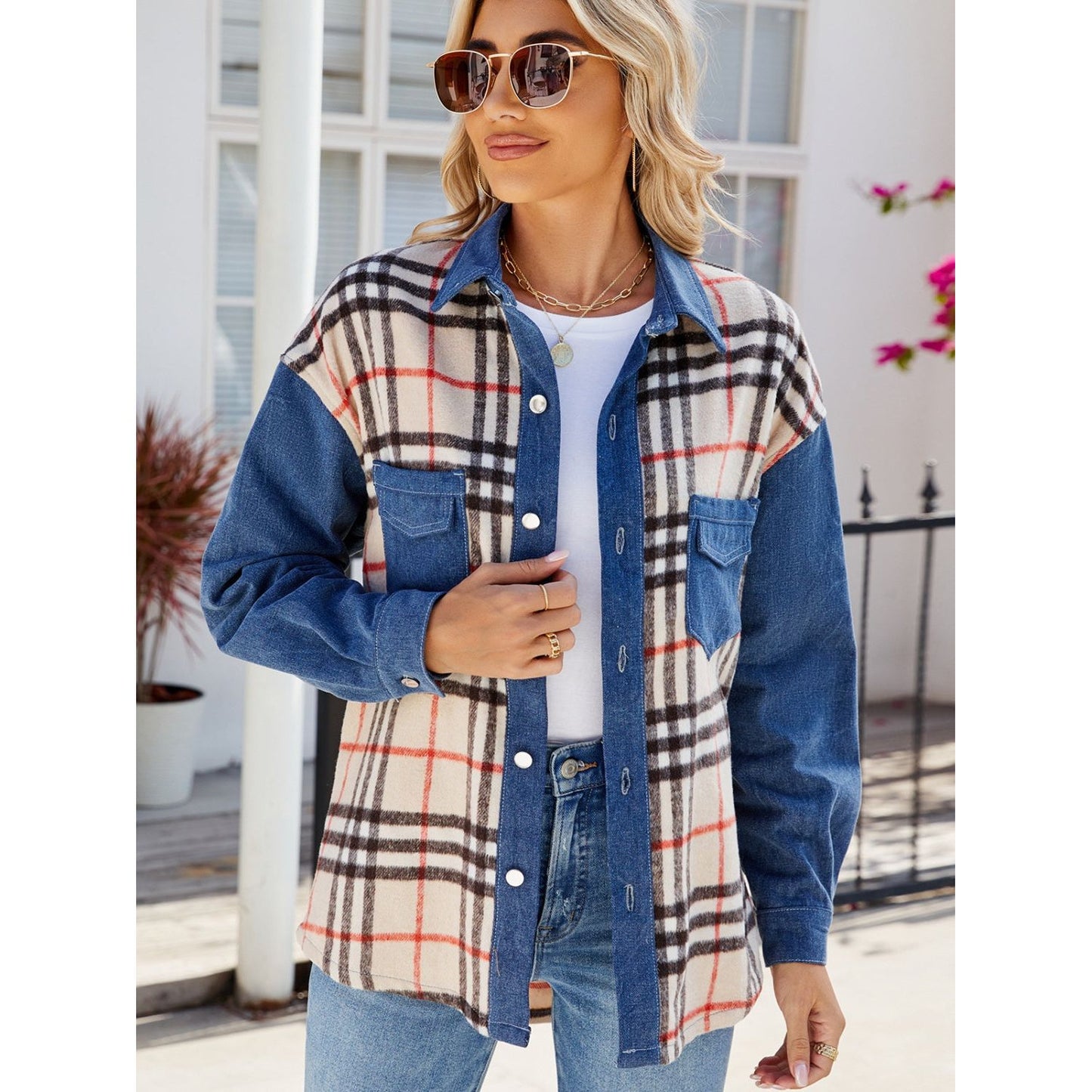 Plaid Long Sleeve Denim Jacket