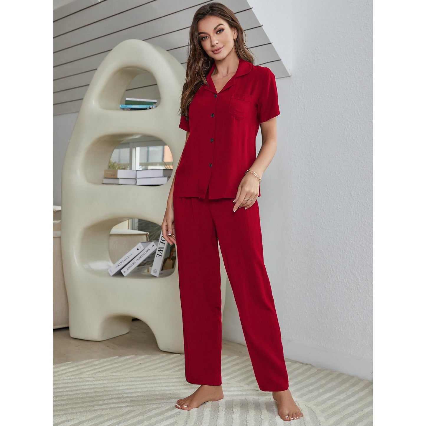 Short Sleeve Shirt, Bralette, and Pants Lounge Set