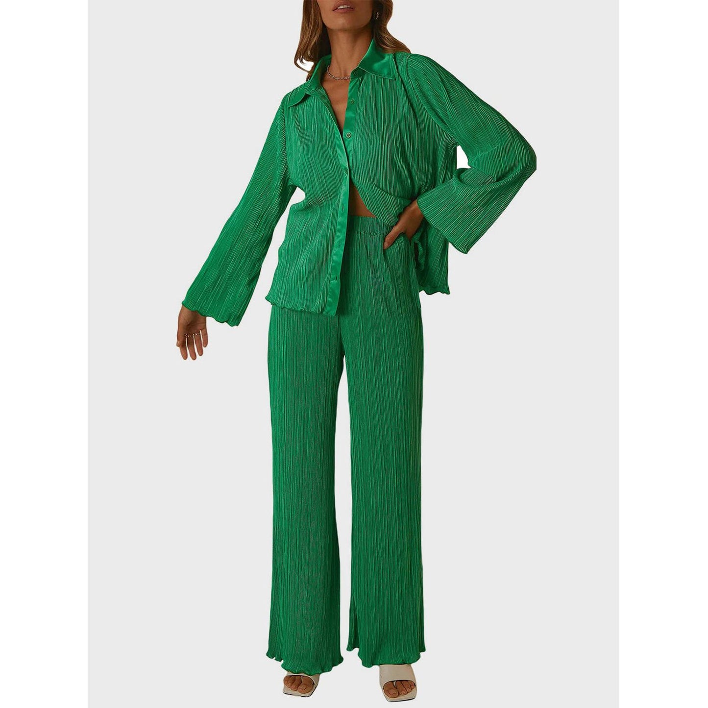 Collared Neck Long Sleeve Top and Pants Lounge Set