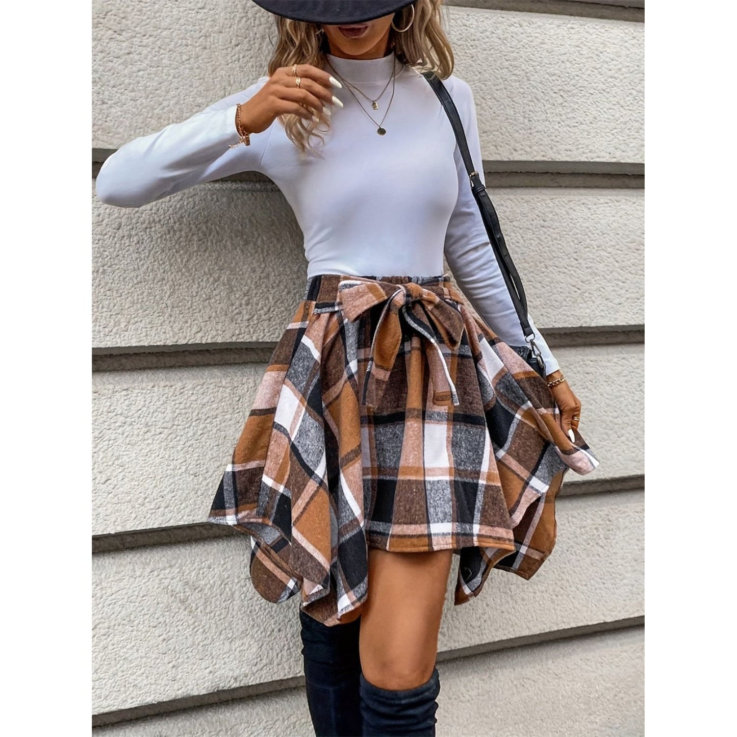 Tied Plaid Asymmetrical Hem Skirt