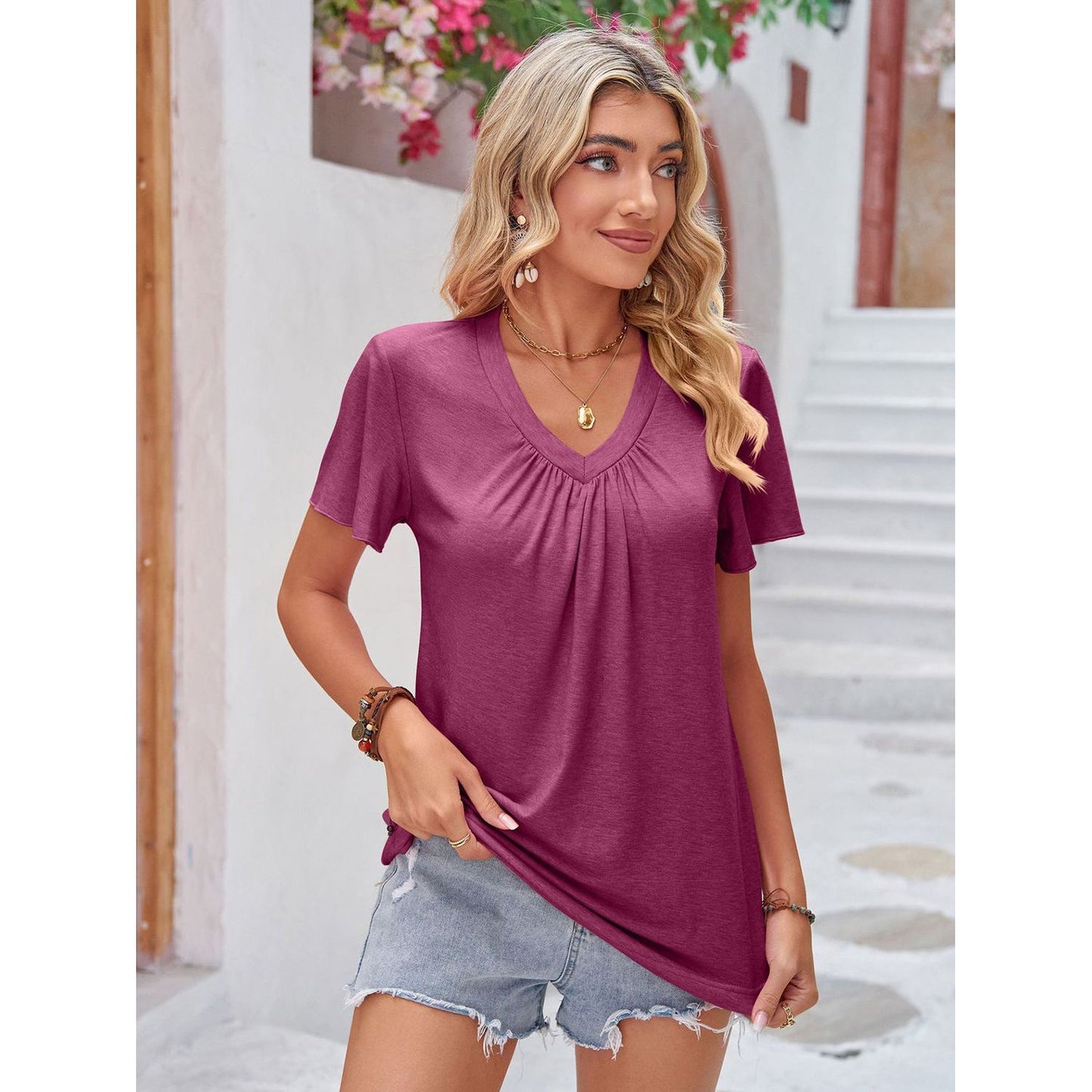 Double Take Ruched V-Neck Short Sleeve T-Shirt