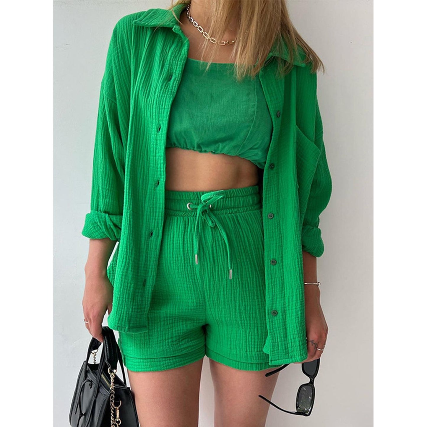 Texture Button Up Shirt and Drawstring Shorts Set