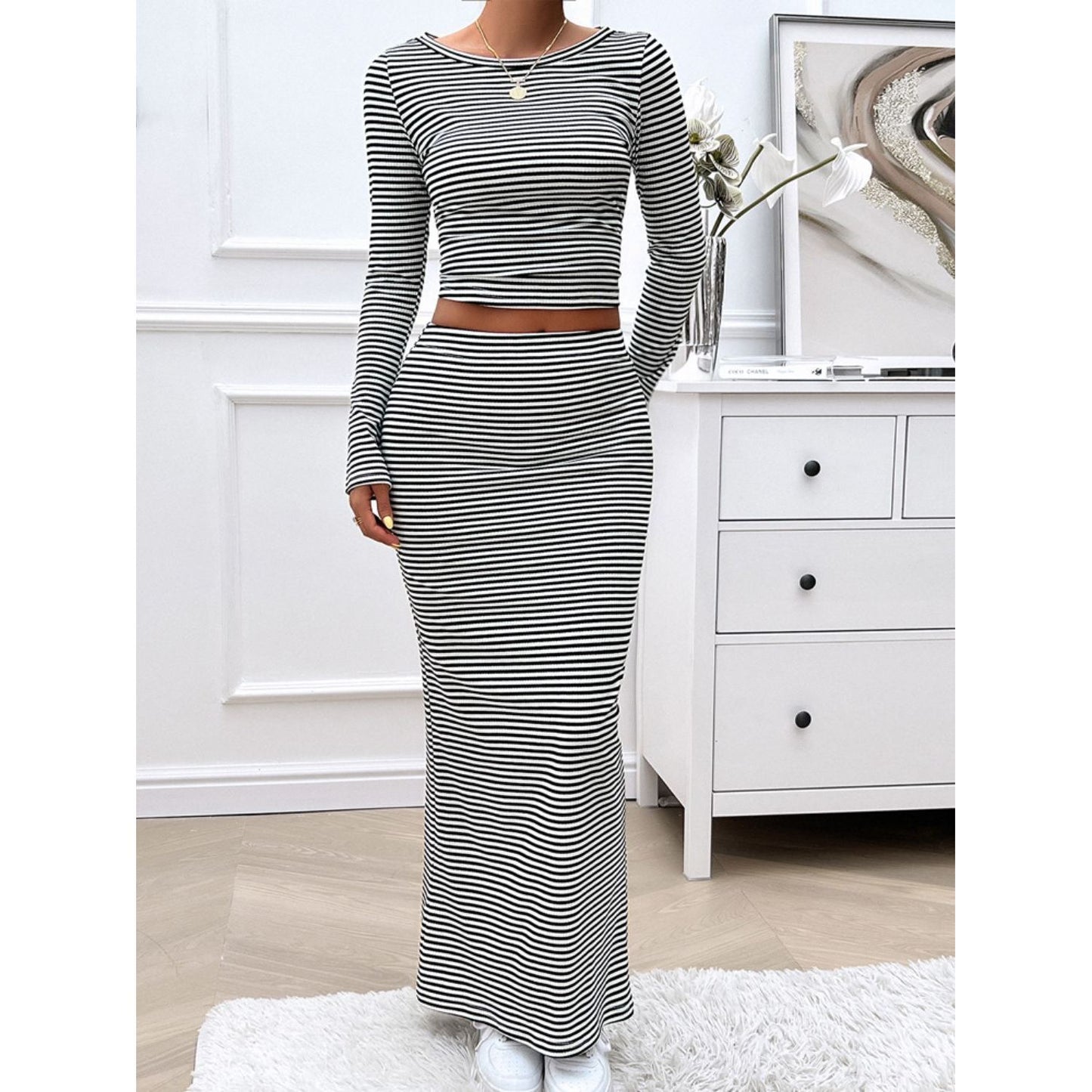 Devine Striped Boat Neck Top and Skirt Set