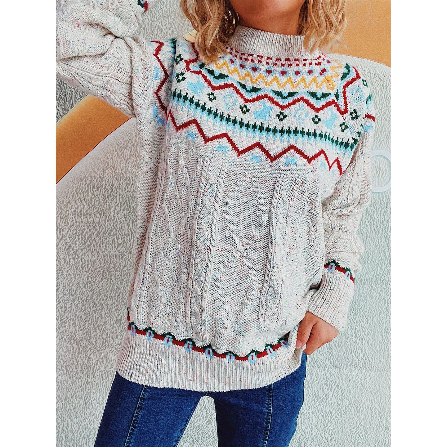 Cable-Knit Mock Neck Long Sleeve Sweater