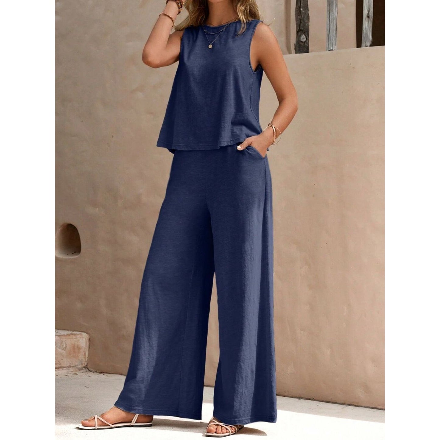 Round Neck Sleeveless Top and Wide Leg Pants Set