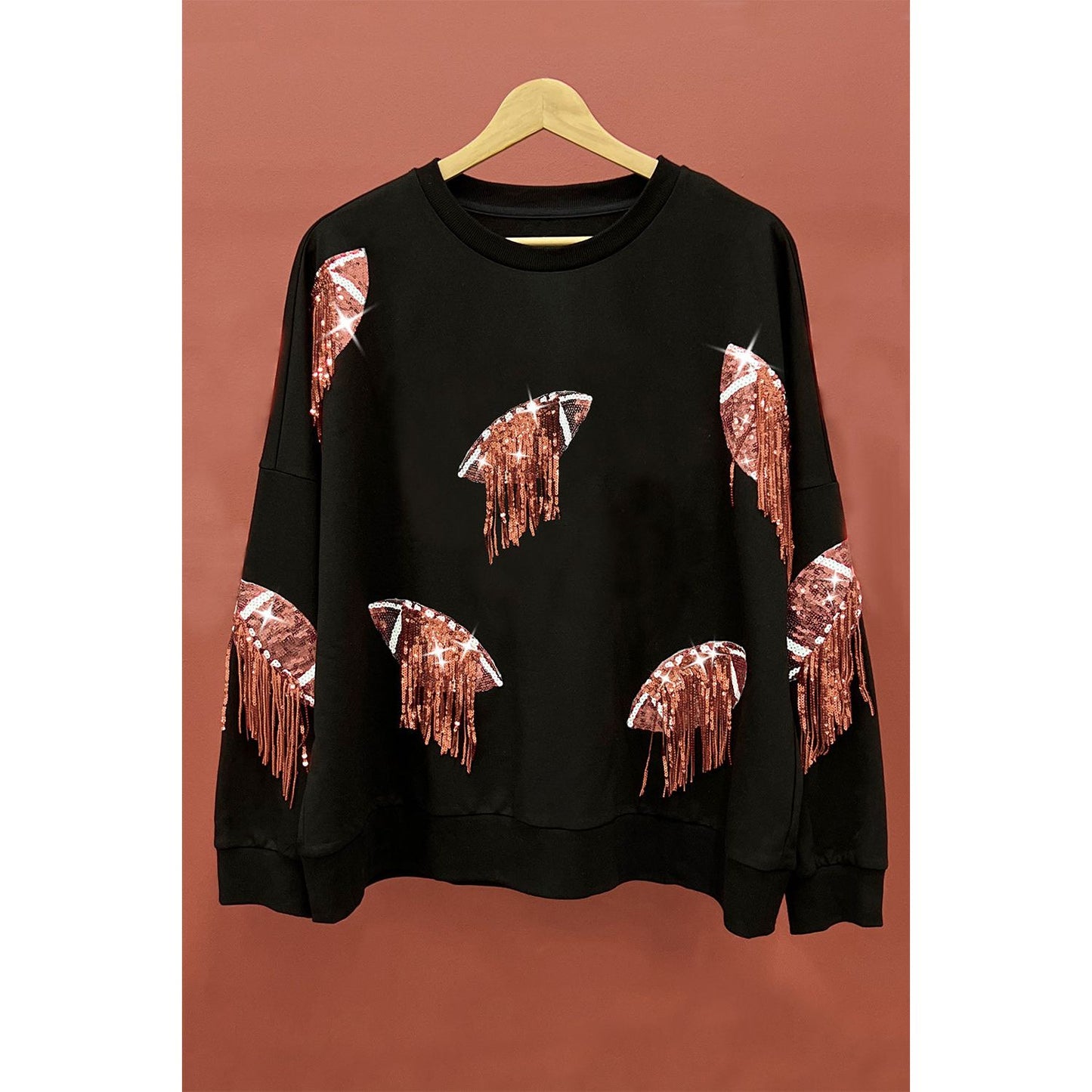 BiBi Sequin Fringe Football Patch Round Neck Sweatshirt