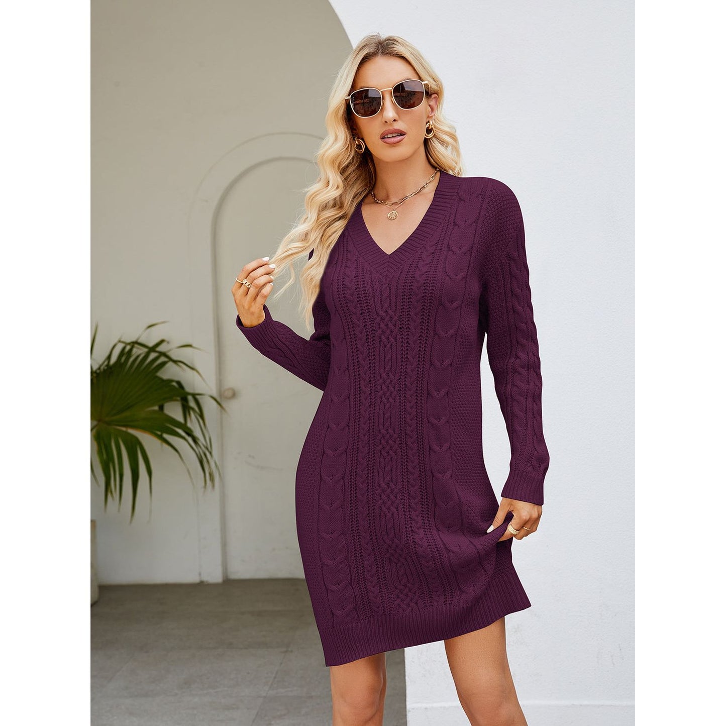 Cable-Knit V-Neck Mini Sweater Dress