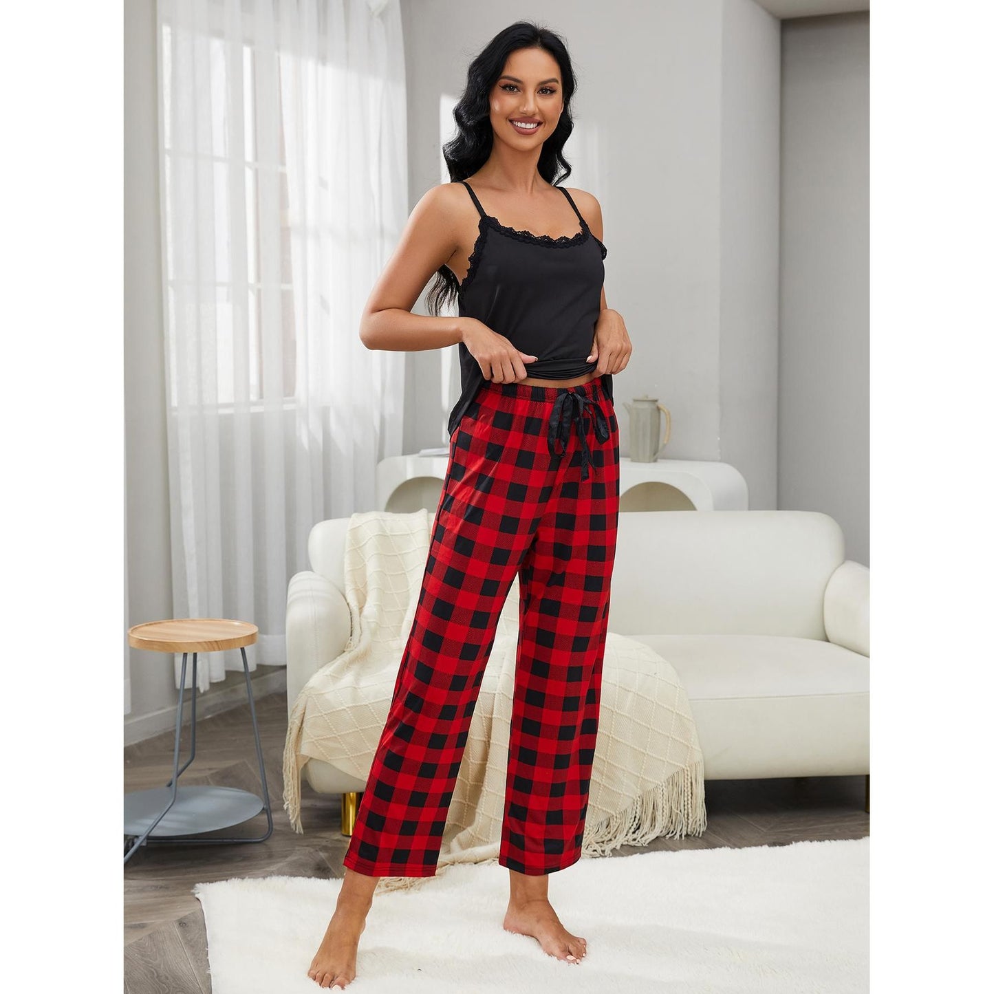 Lace Trim Cami and Plaid Pants Lounge Set