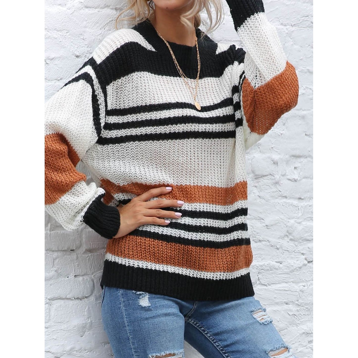 Contrast Striped Round Neck Long Sleeve Sweater