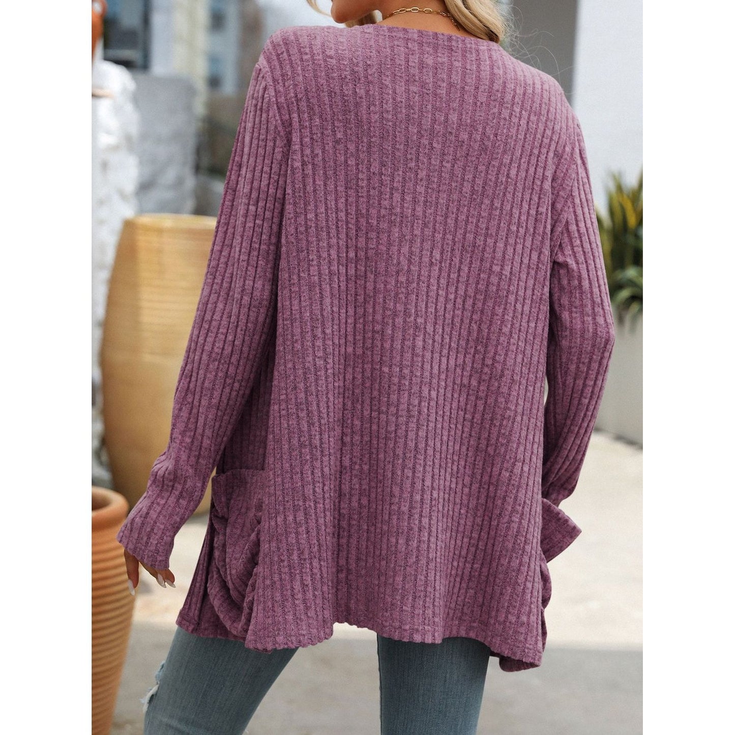 Open Front Long Sleeve Ribbed Cardigan